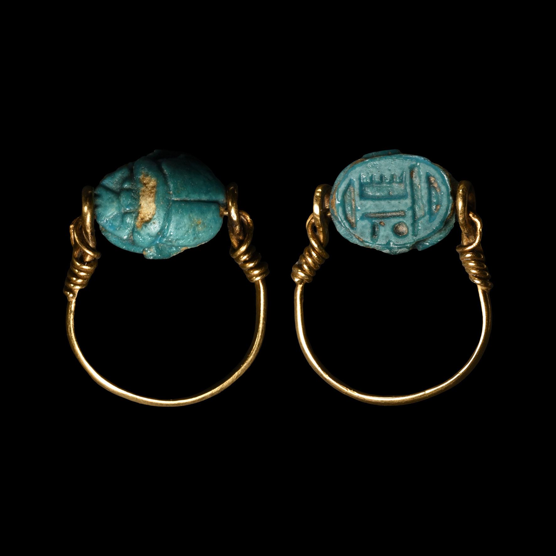 Egyptian Bright Blue Faience Scarab in Gold Ring