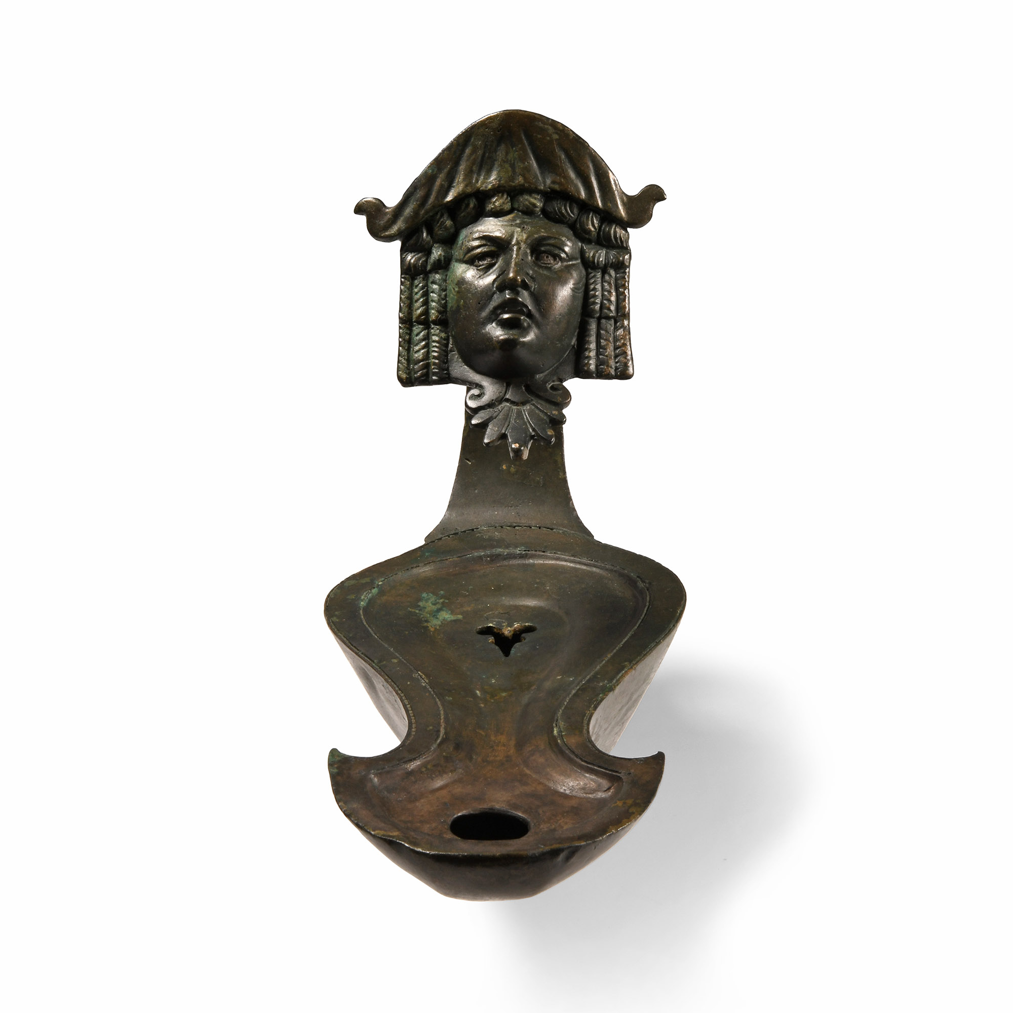 Very Large Roman Bronze Oil Lamp with Actor's Mask