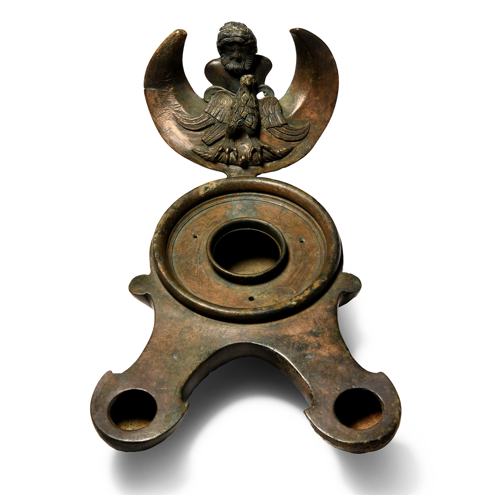 Very Large Roman Bronze Oil Lamp with Jupiter and Eagle