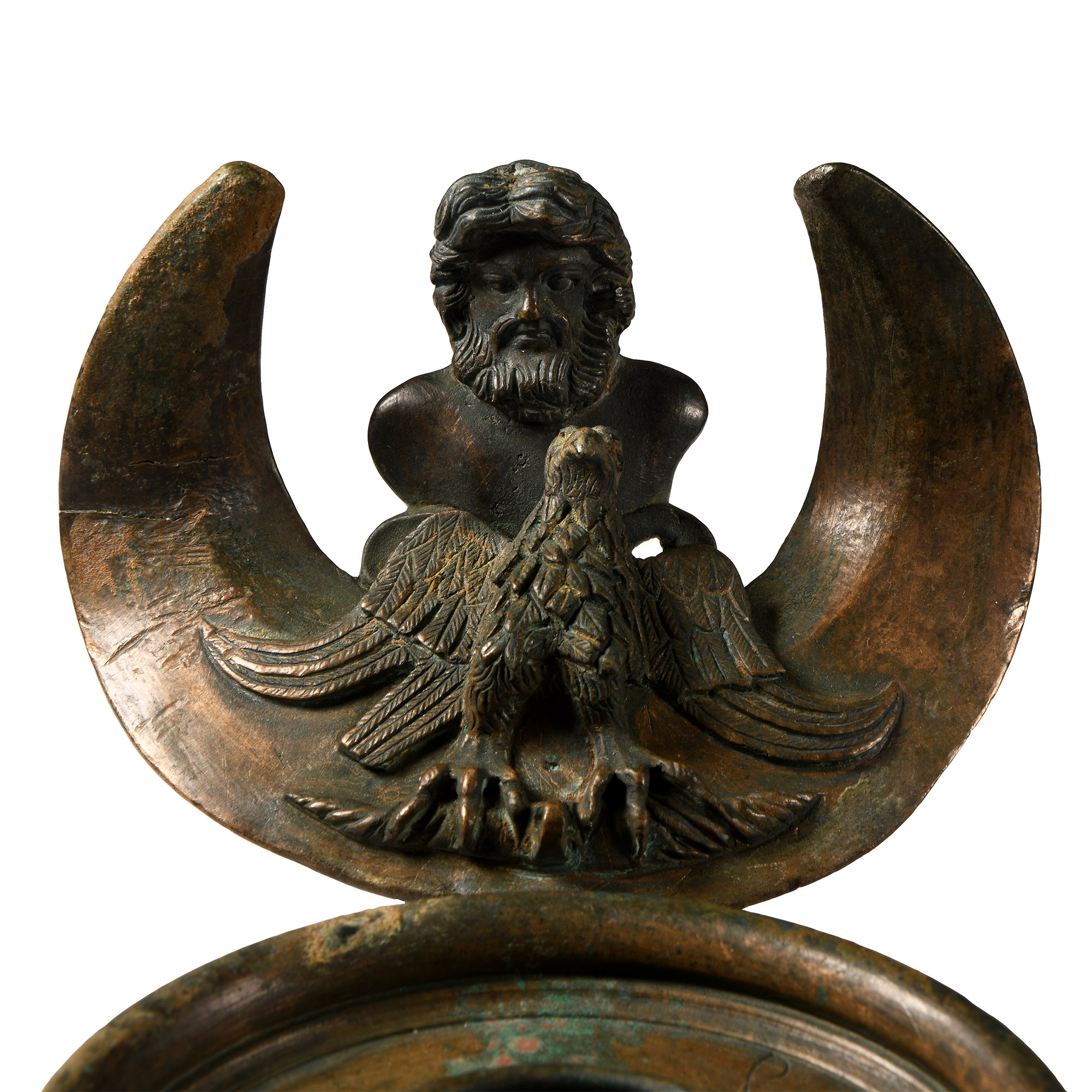 Very Large Roman Bronze Oil Lamp with Jupiter and Eagle