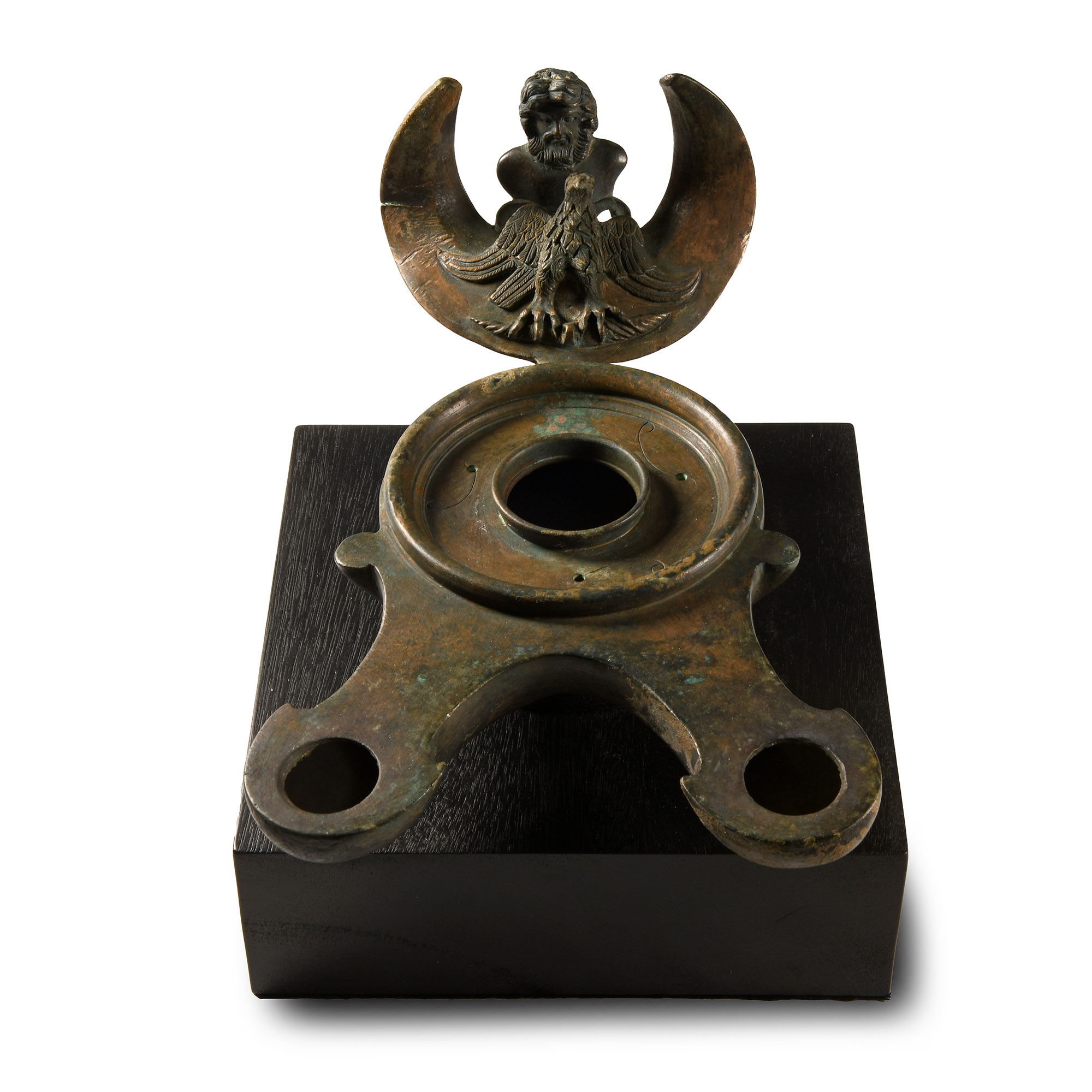 Very Large Roman Bronze Oil Lamp with Jupiter and Eagle