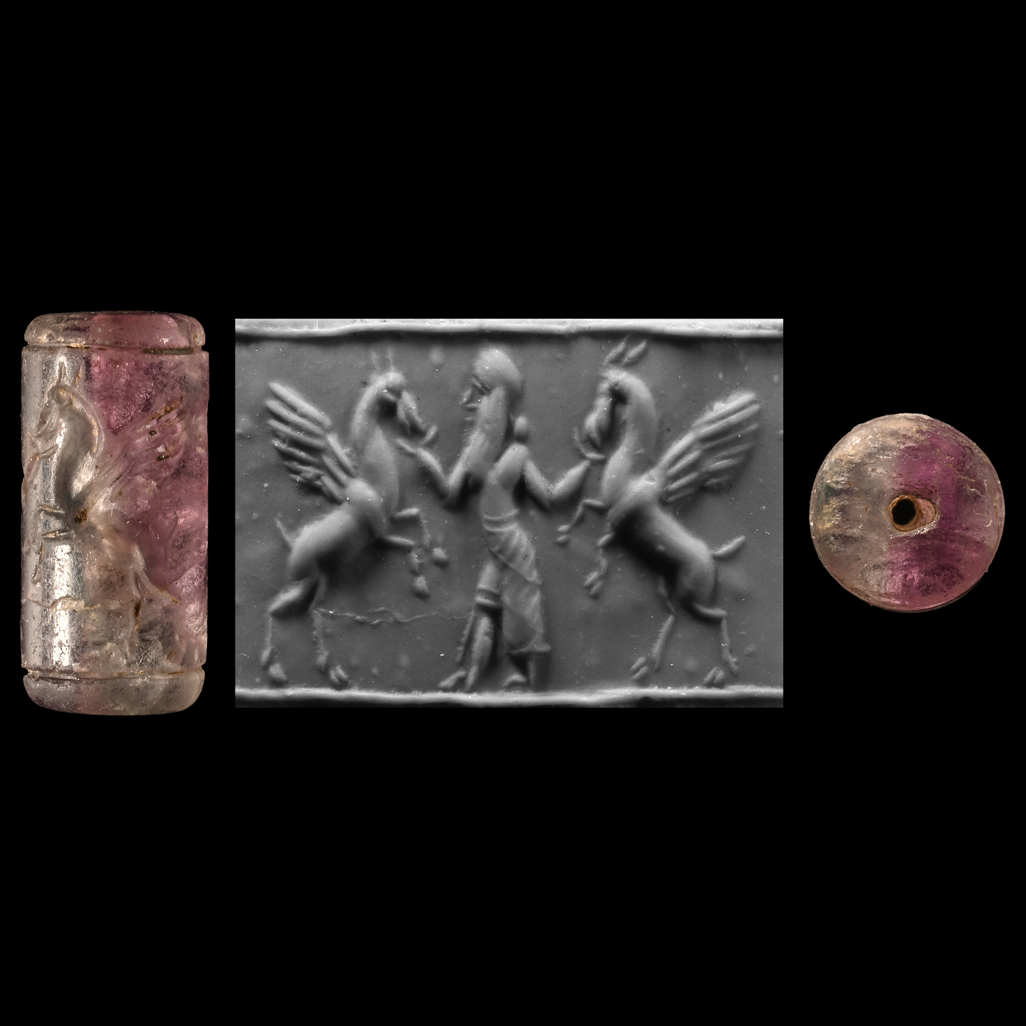 Mesopotamian Amethyst Cylinder Seal with Bearded God