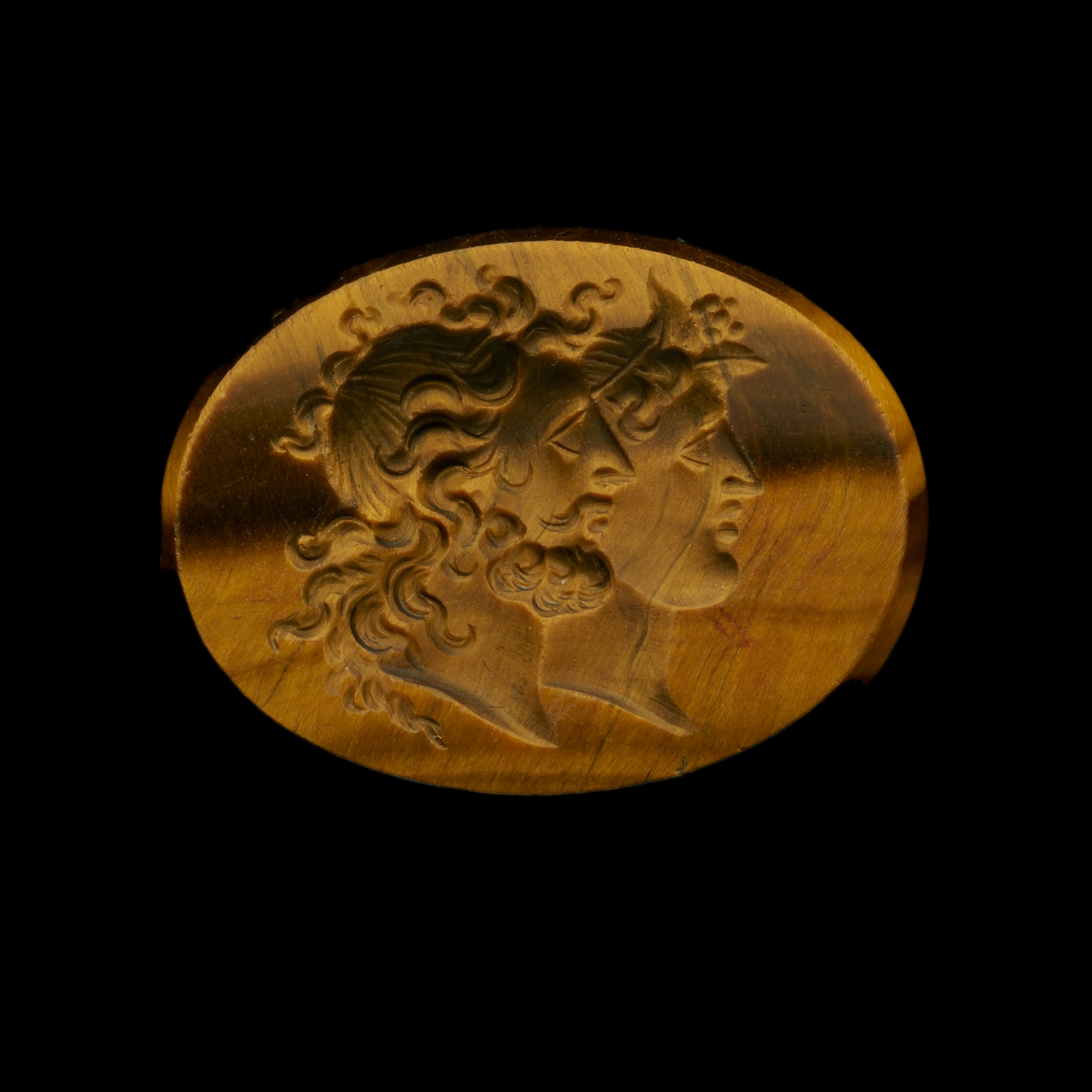 Neoclassical Tiger's Eye Gemstone with Classical Jugate Busts