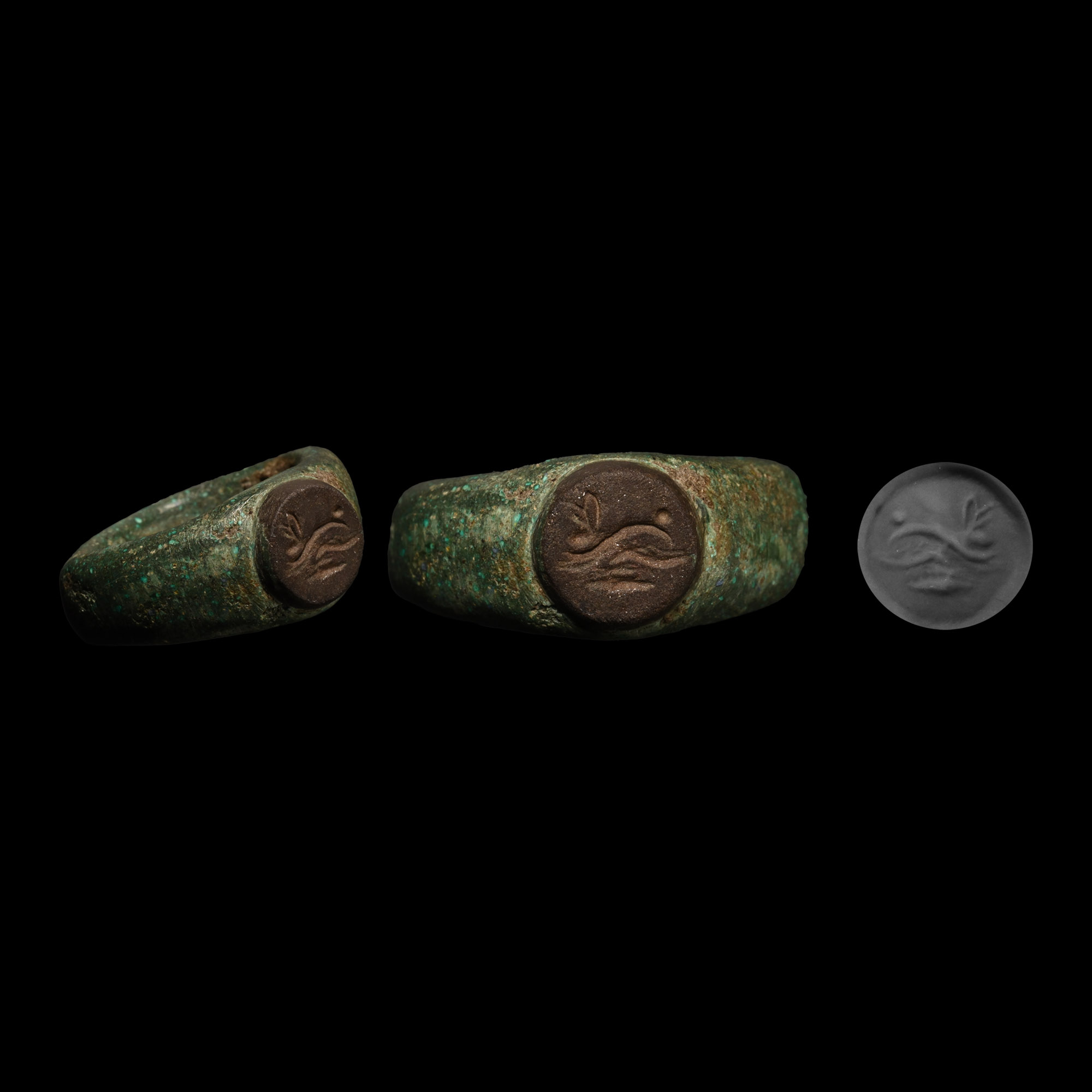 Roman Bronze Ring with Dolphin Gemstone