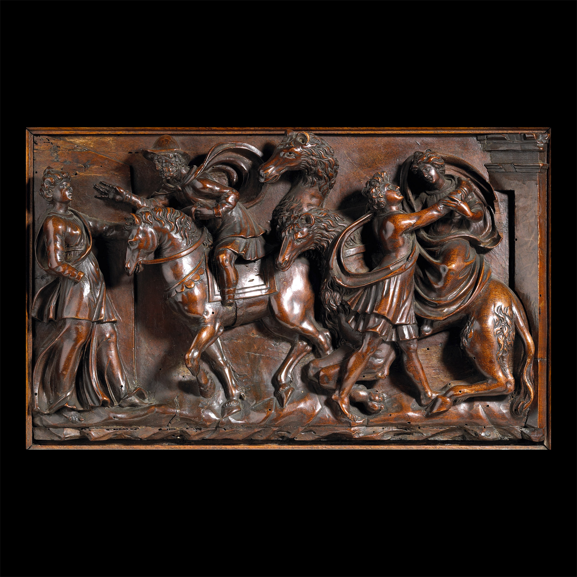 Renaissance Framed Wooden Panel with Horse and Figures