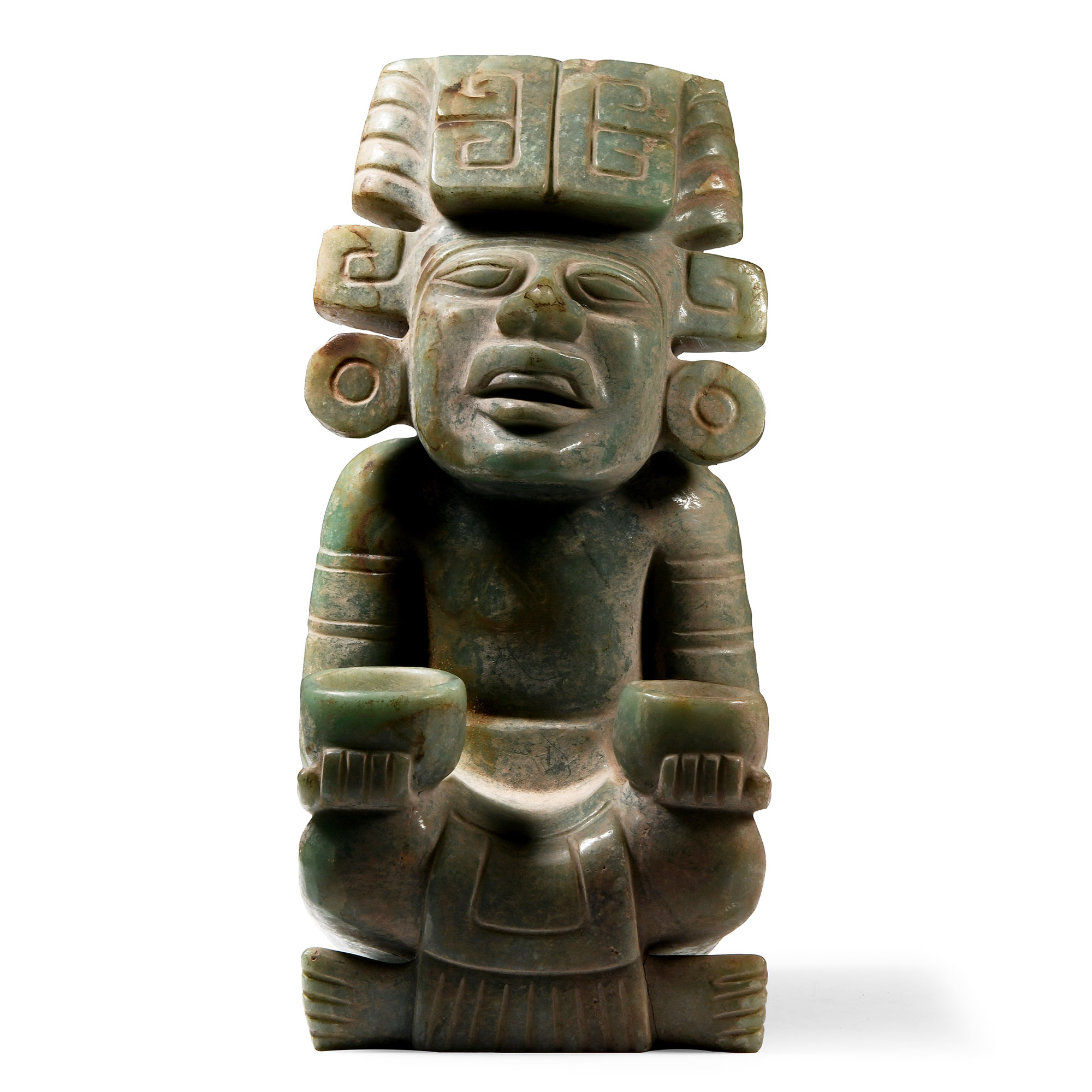 Mesoamerican Aztec Jadeite Seated Figure with Offering Bowls