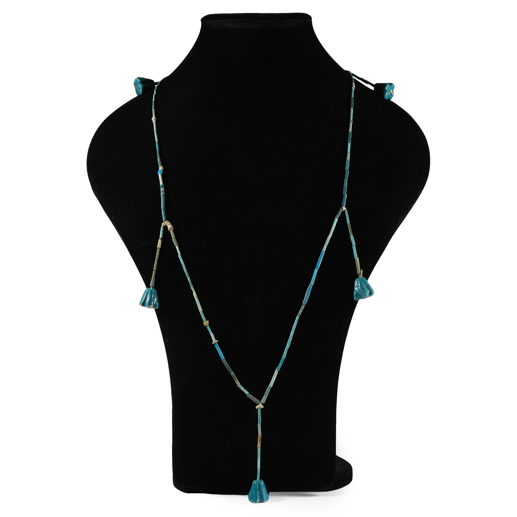 Egyptian Faience Mummy Bead Necklace with Papyrus Flower Amulets