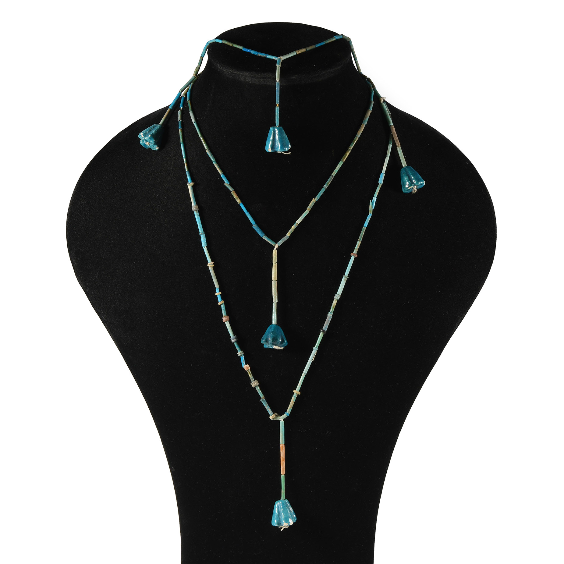 Egyptian Faience Mummy Bead Necklace with Lotus Flower Amulets