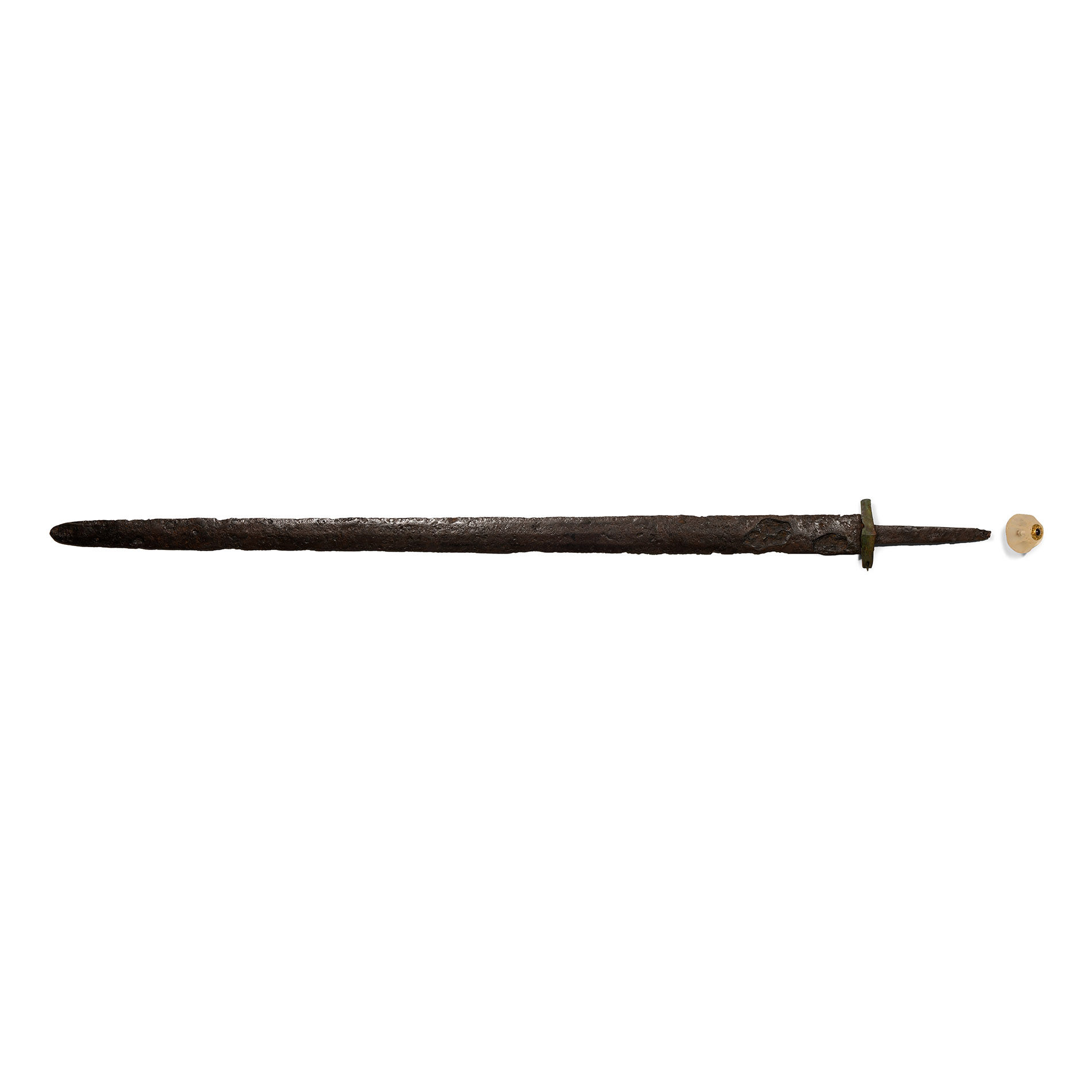 Migration Period Iron Sword with Rock Crystal, Gold and Garnet Sword Bead