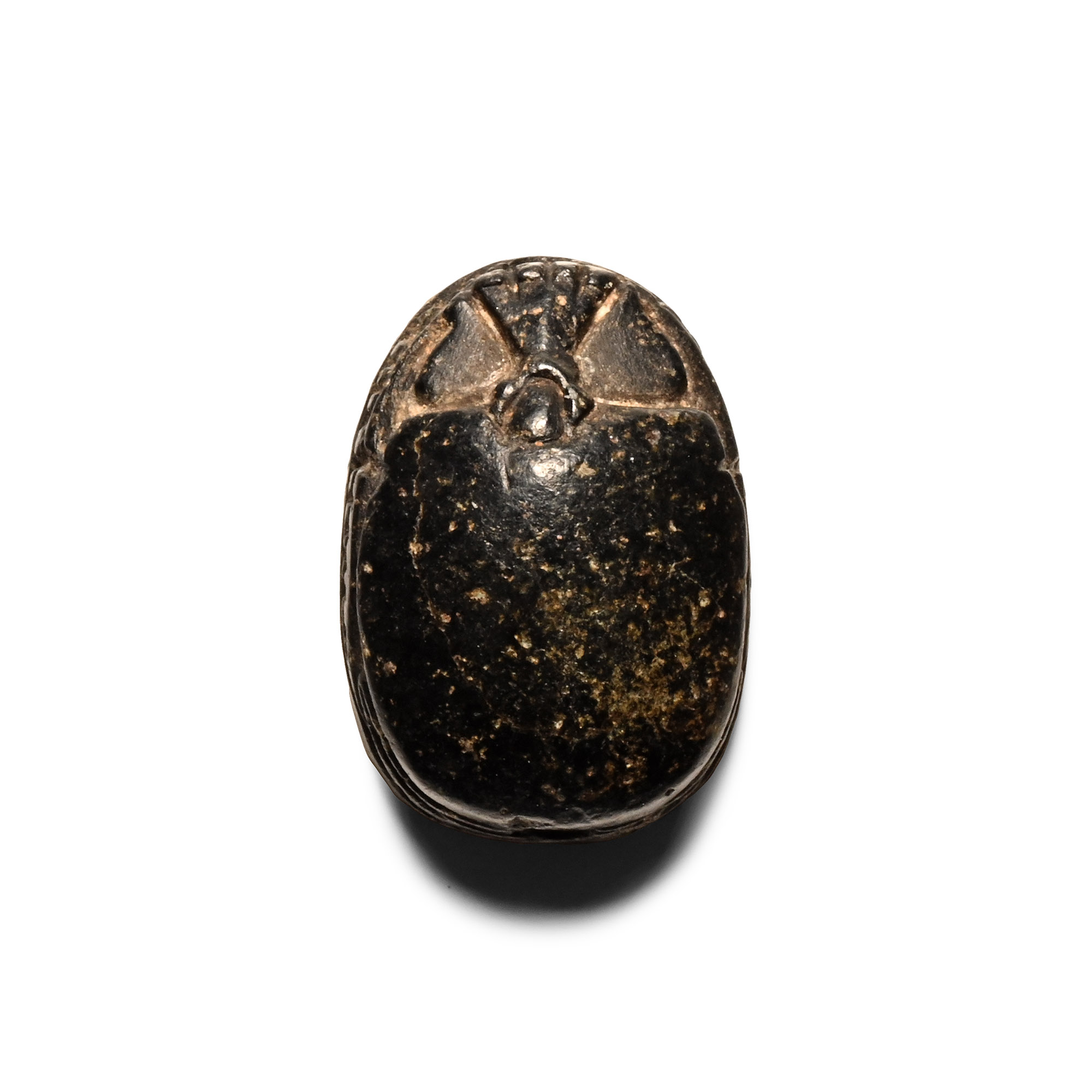 Egyptian Black Stone Scarab with Uraei and Falcon