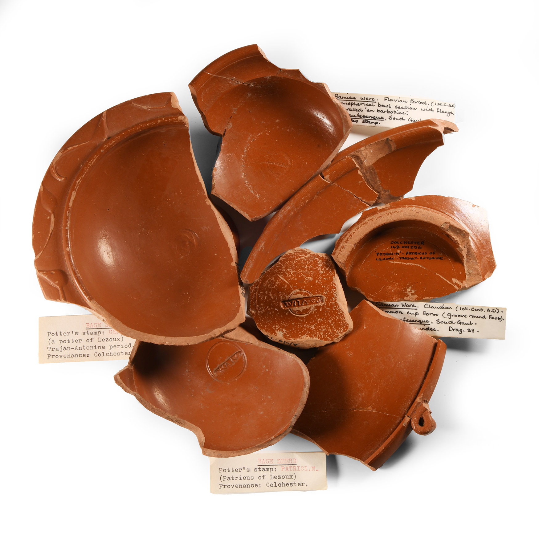 Romano-British 'Colchester' Samian Ware Sherd Group with Makers' Stamps