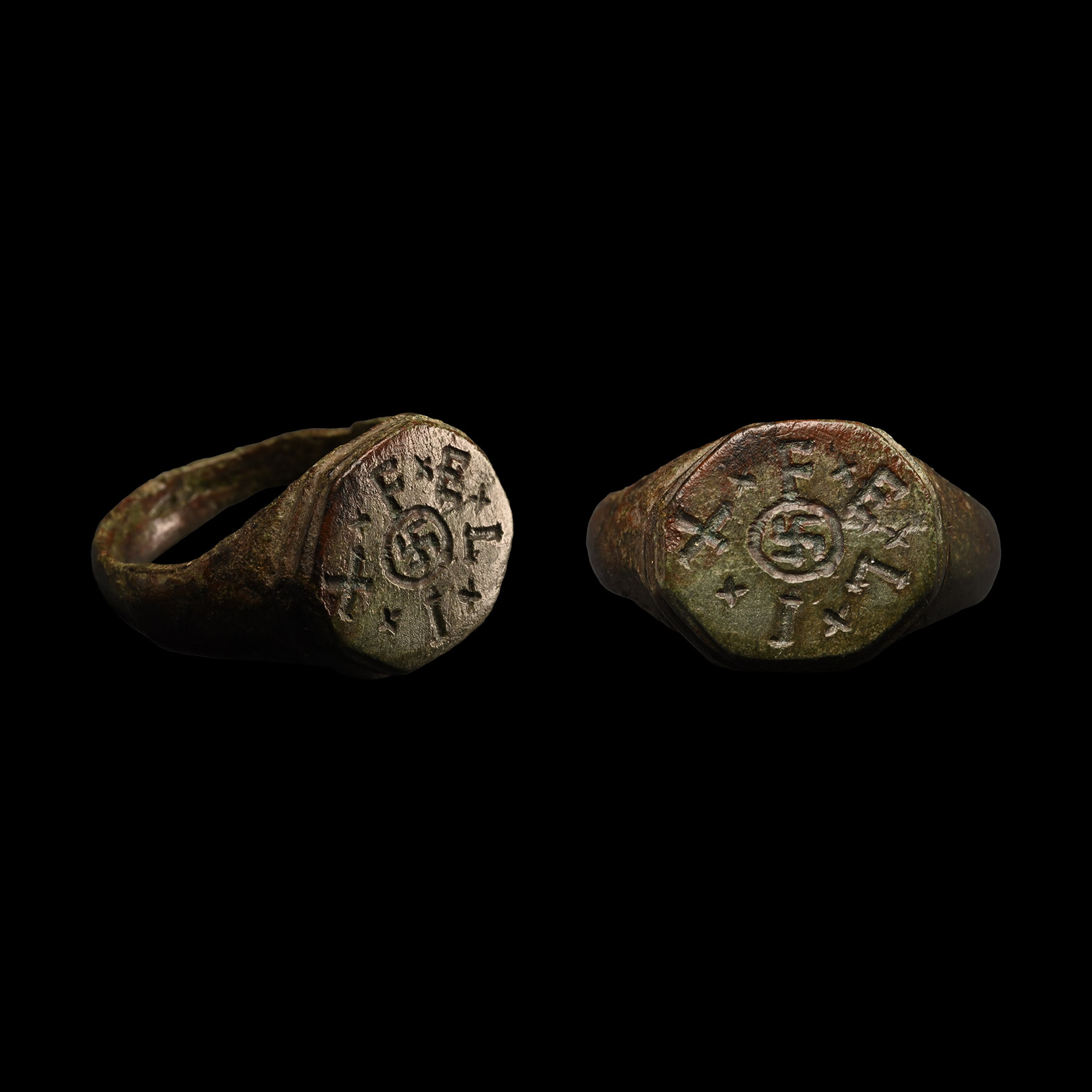 Roman Bronze Ring with FELIX and Gammadion