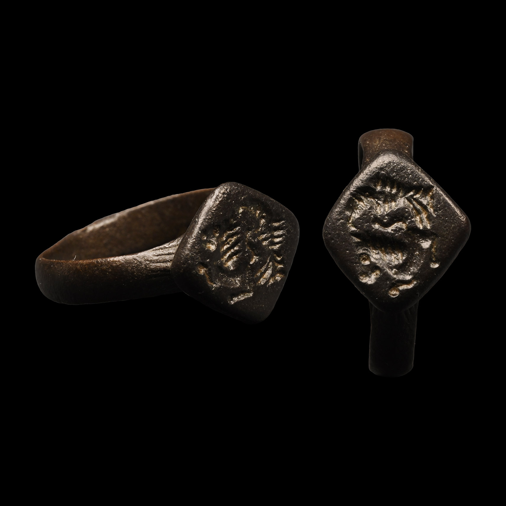 Medieval Bronze Signet Ring with Lion and Prey