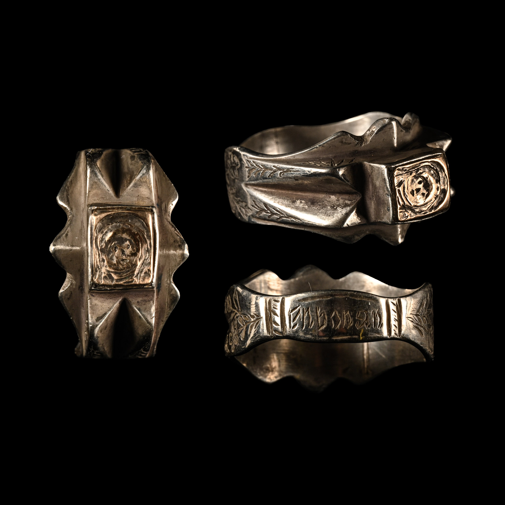 Post Medieval Silver 'En Bon An' Ring with Saint Barbara