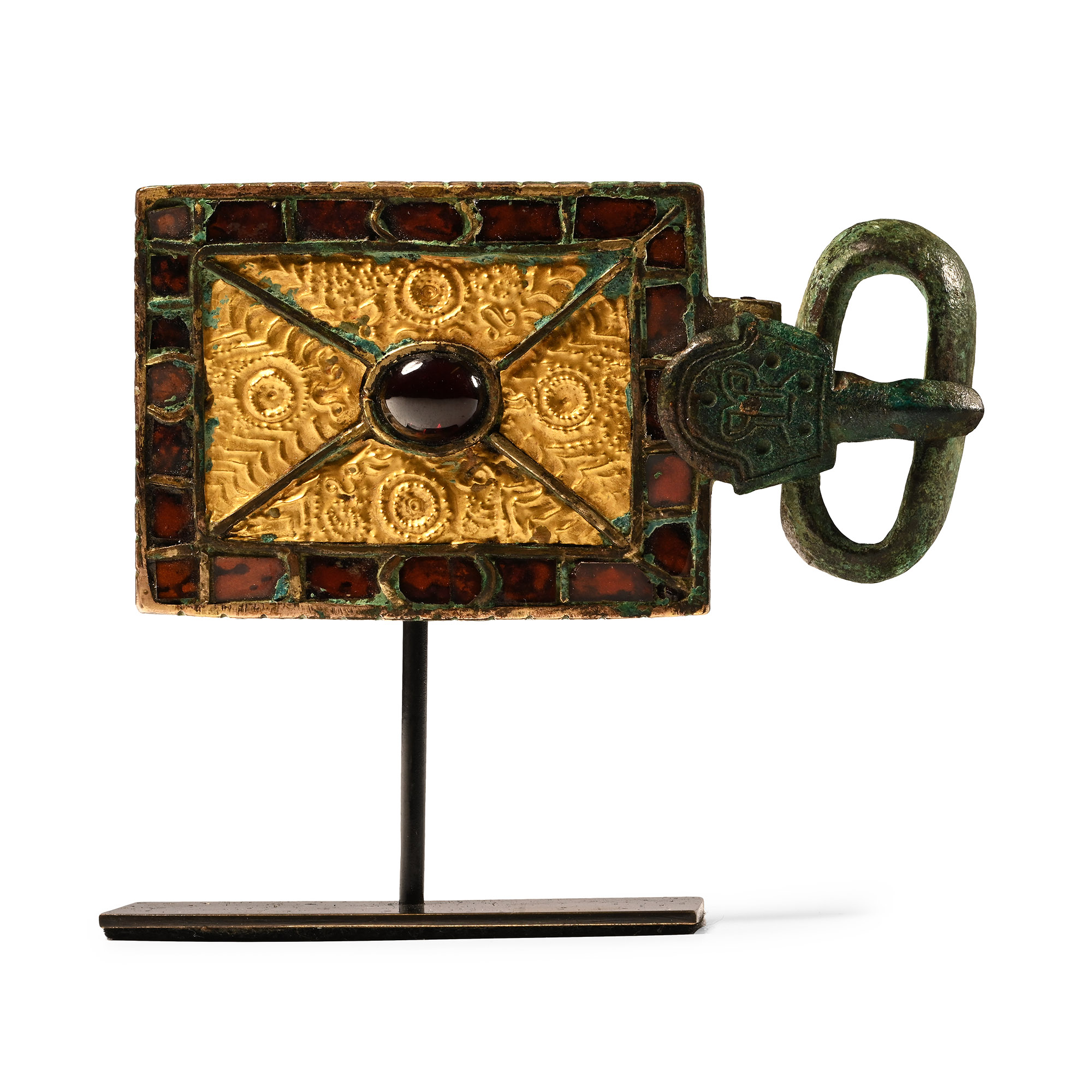 Merovingian Bronze Belt Buckle with Gold and Garnet Inlays