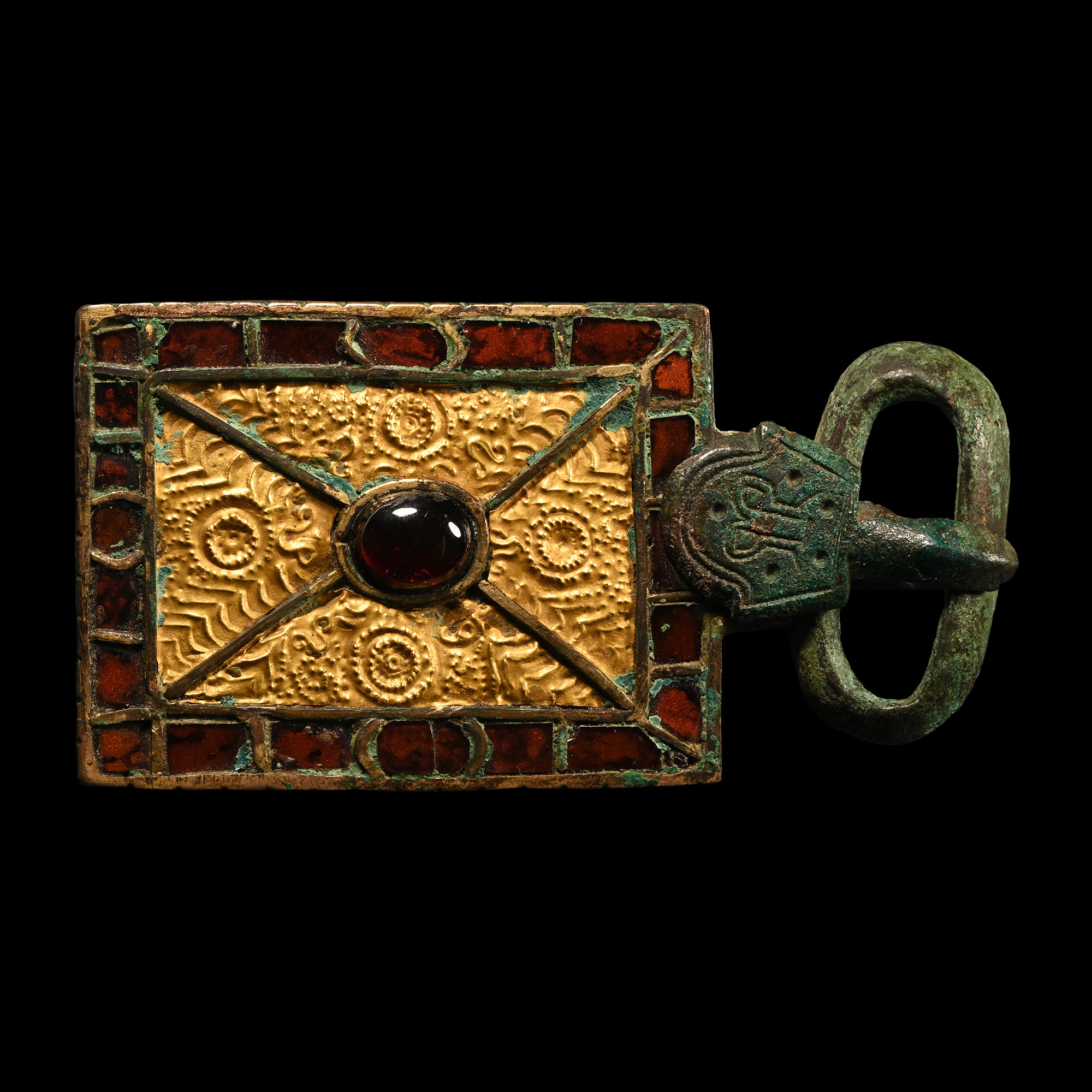Merovingian Bronze Belt Buckle with Gold and Garnet Inlays