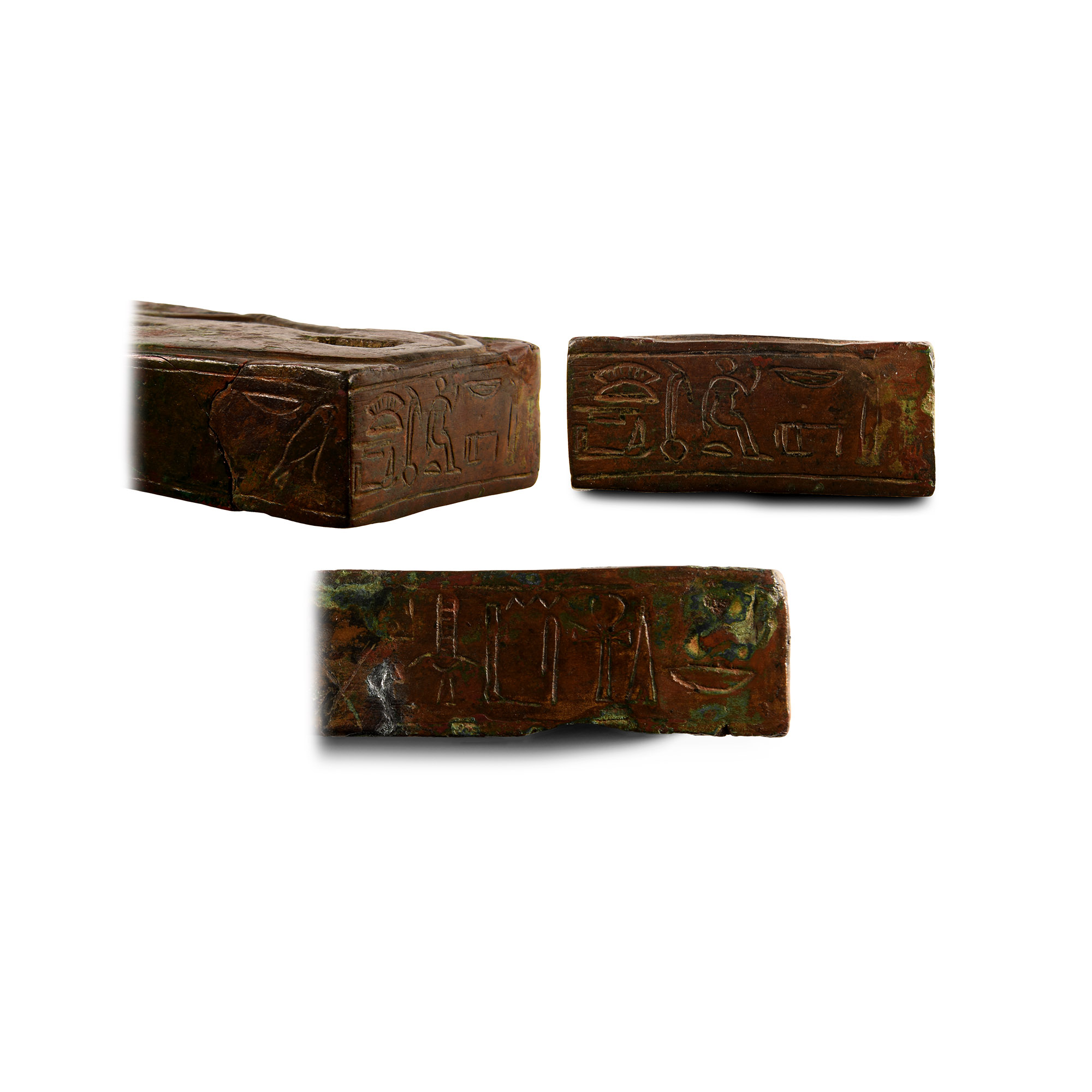 Egyptian Bronze Base with Ibex and Hieroglyphs