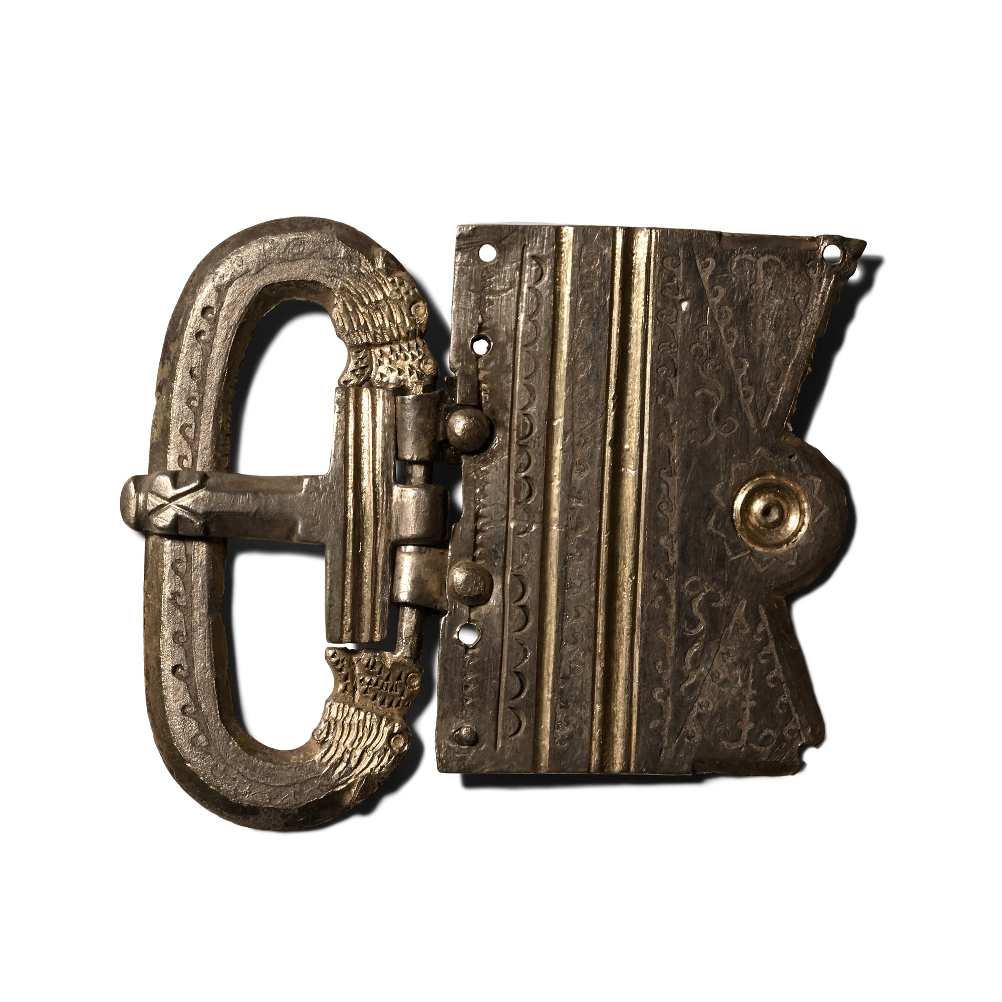 Late Roman Gilt Silver Buckle with Dragon Heads