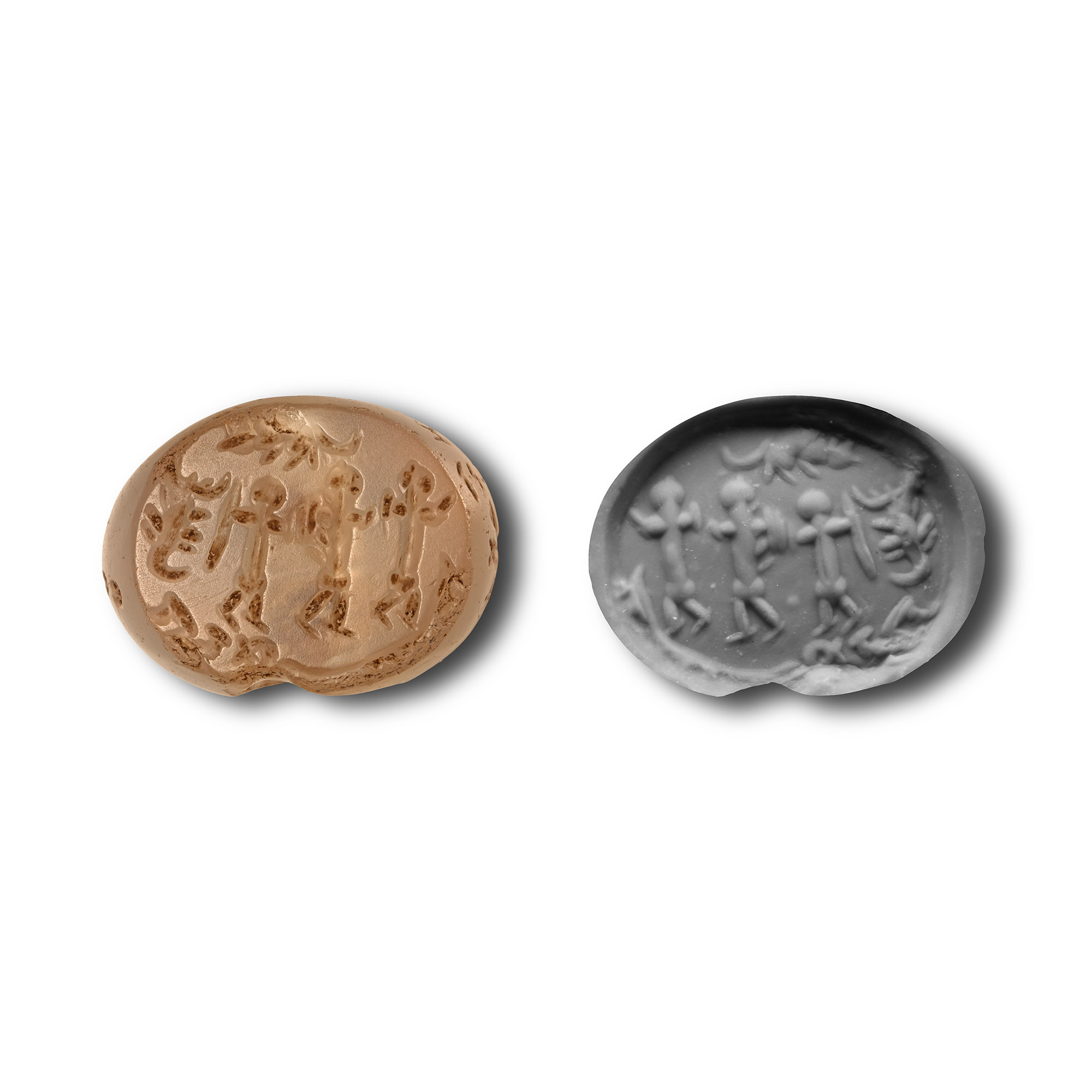 Sassanian Chalcedony Magic Seal with Three Figures and Inscription