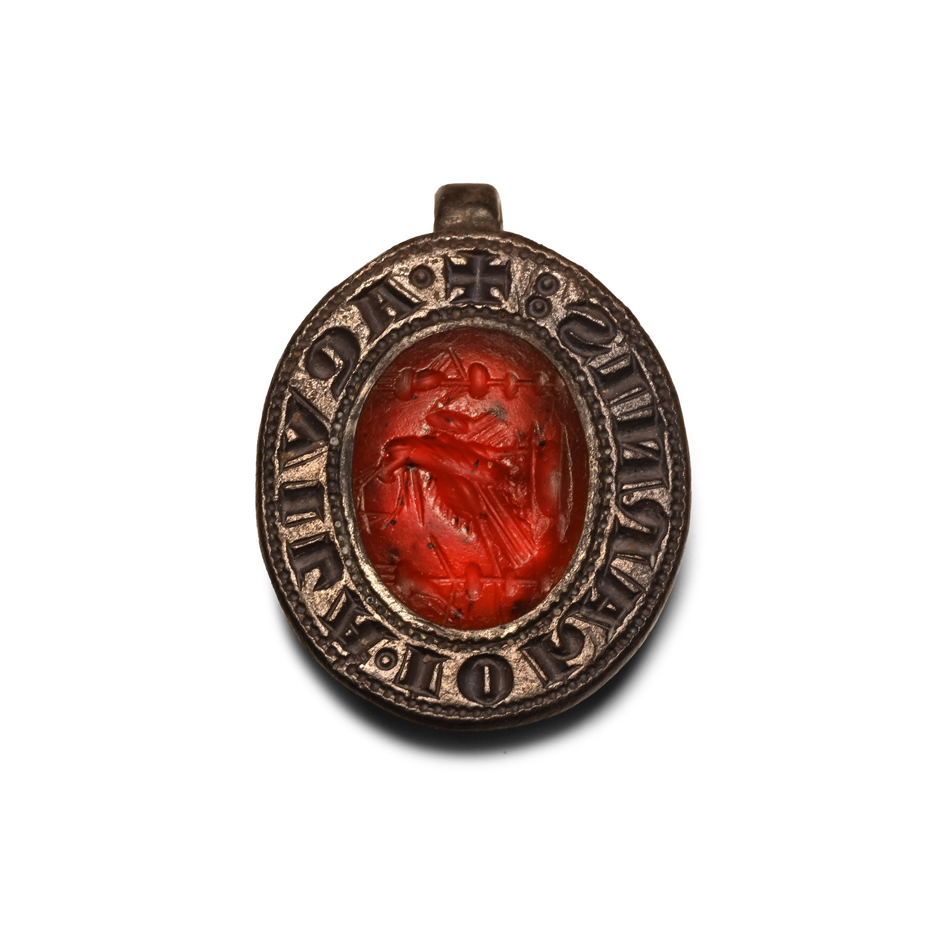 Medieval Silver Seal Matrix for John the Evangelist with Roman Eagle Gemstone