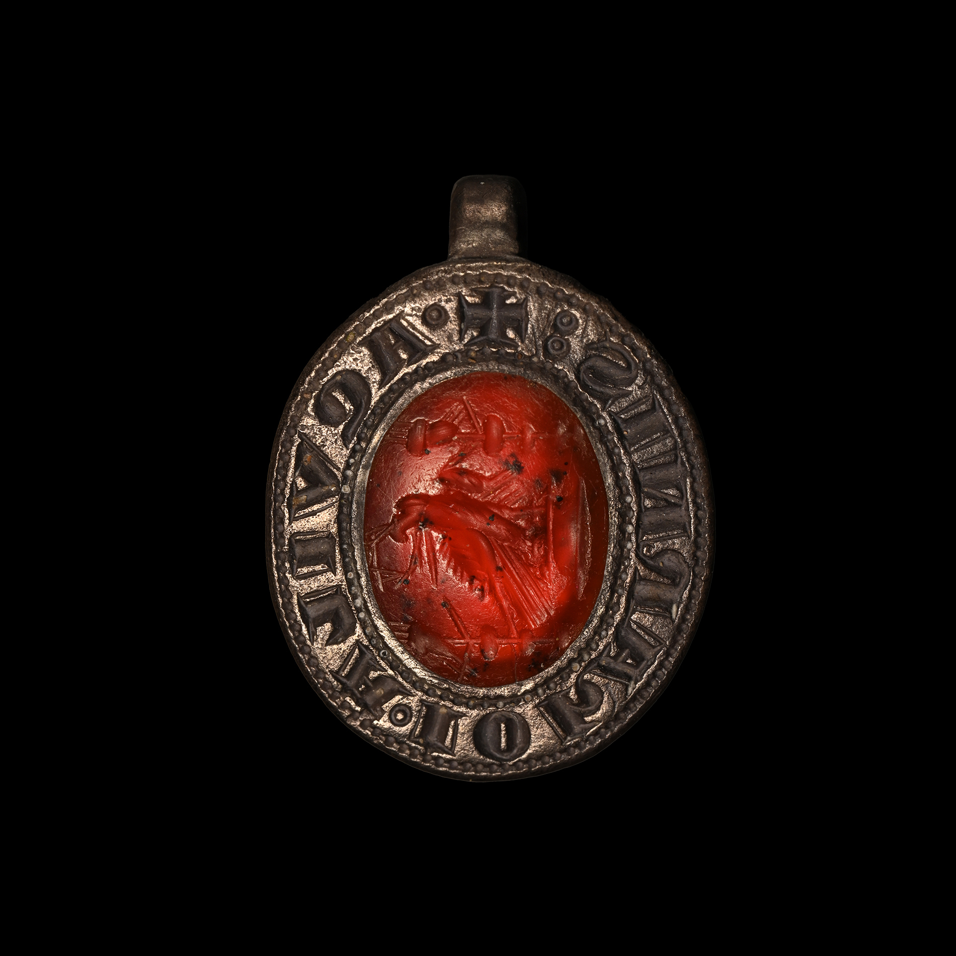 Medieval Silver Seal Matrix for John the Evangelist with Roman Eagle Gemstone