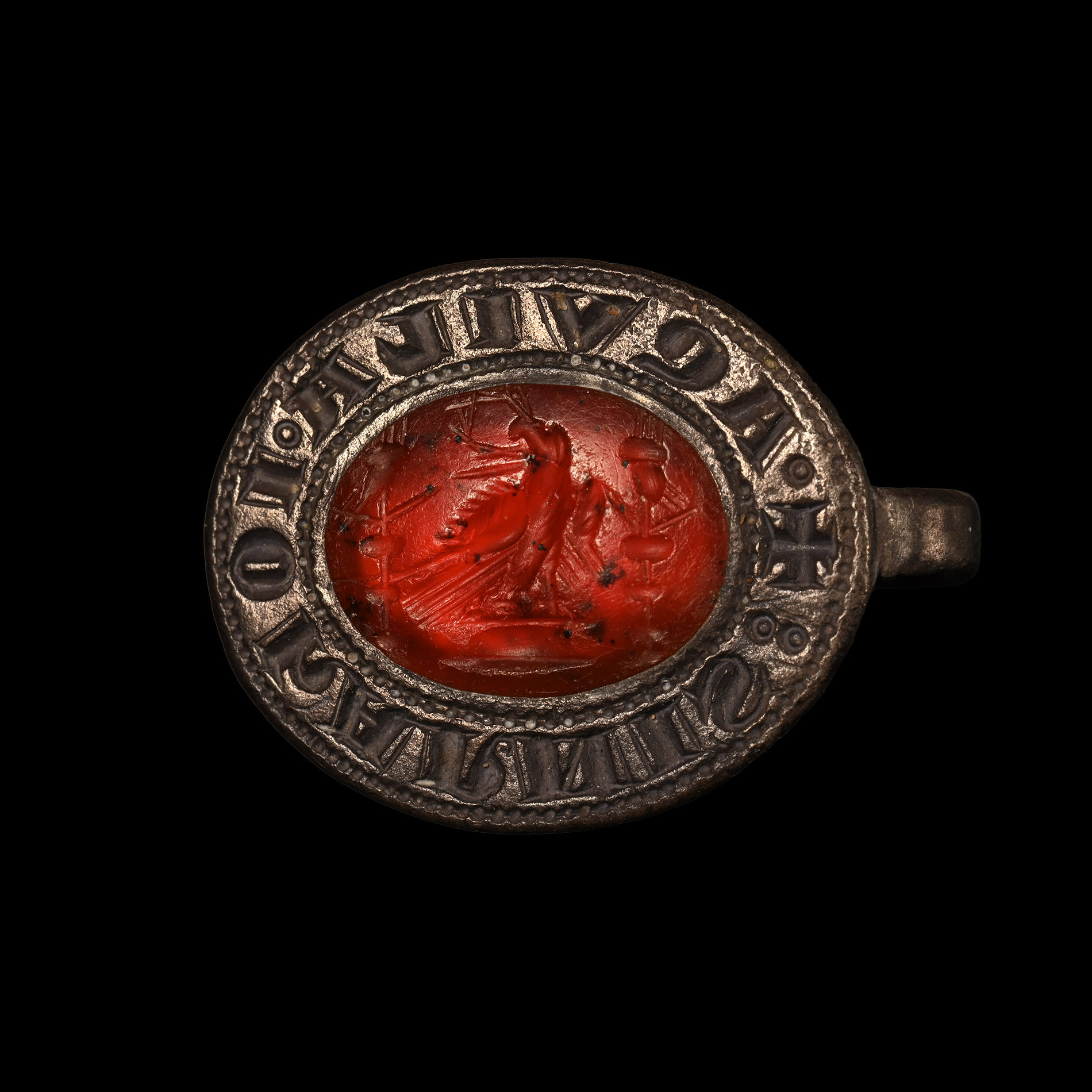 Medieval Silver Seal Matrix for John the Evangelist with Roman Eagle Gemstone