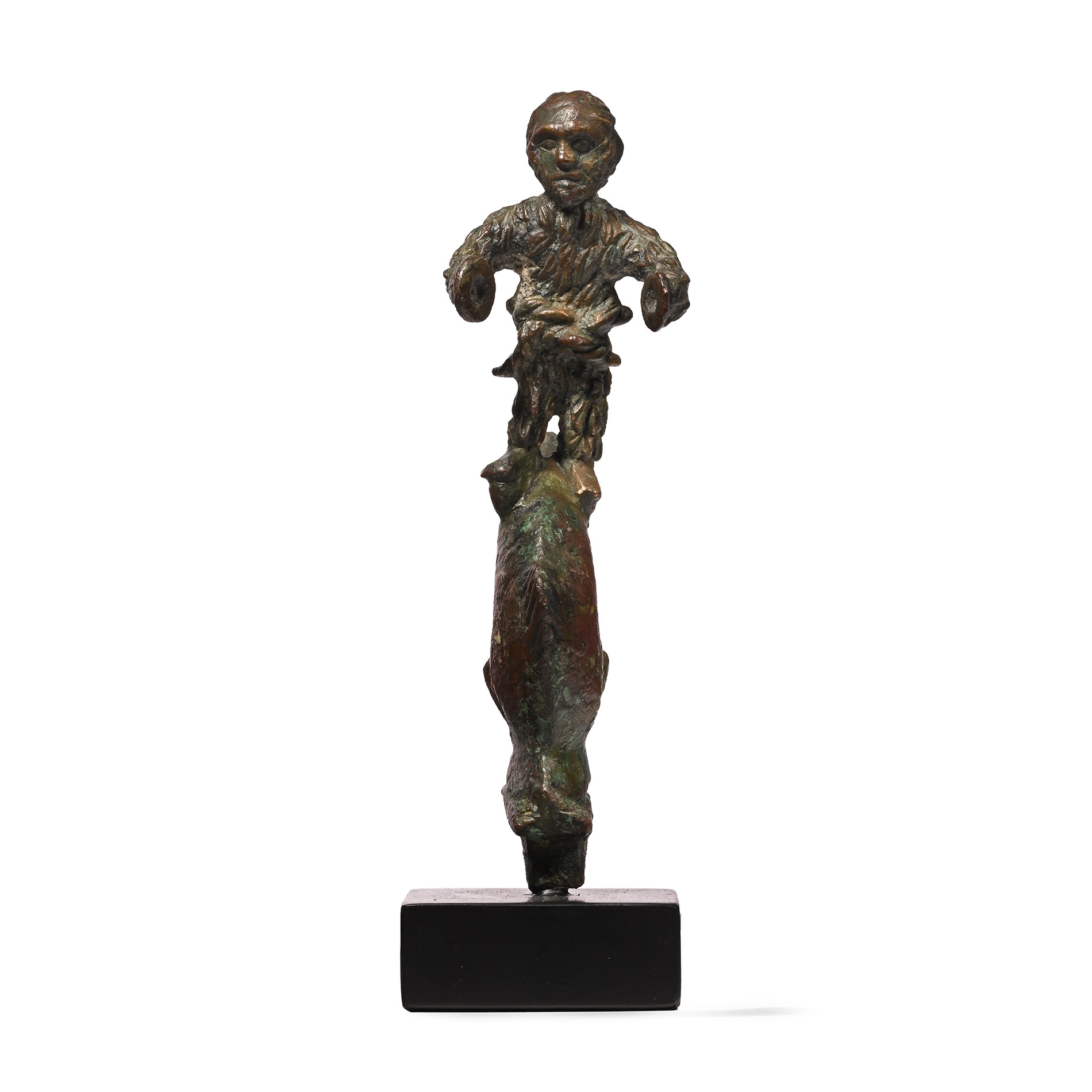 Roman Bronze Grotesque Silenus on Dolphin Handle