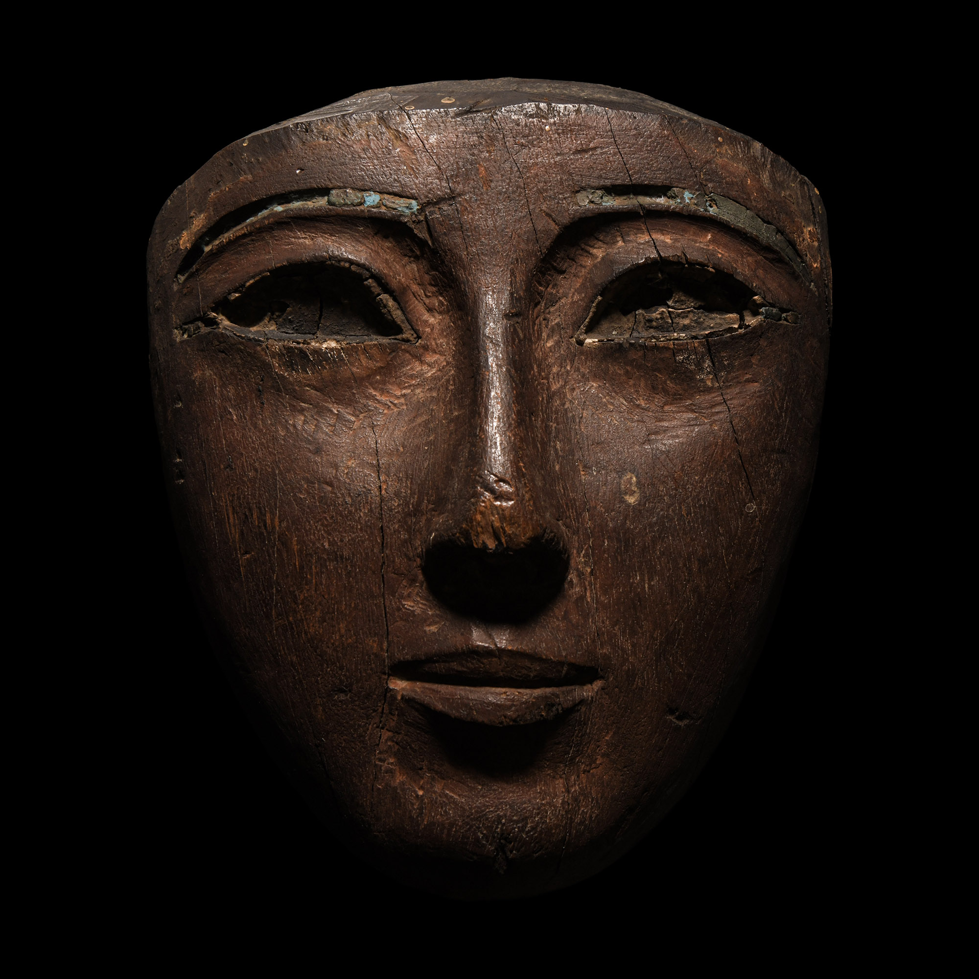 Egyptian Wooden Mummy Mask with Egyptian Blue Inlaid Eyebrows