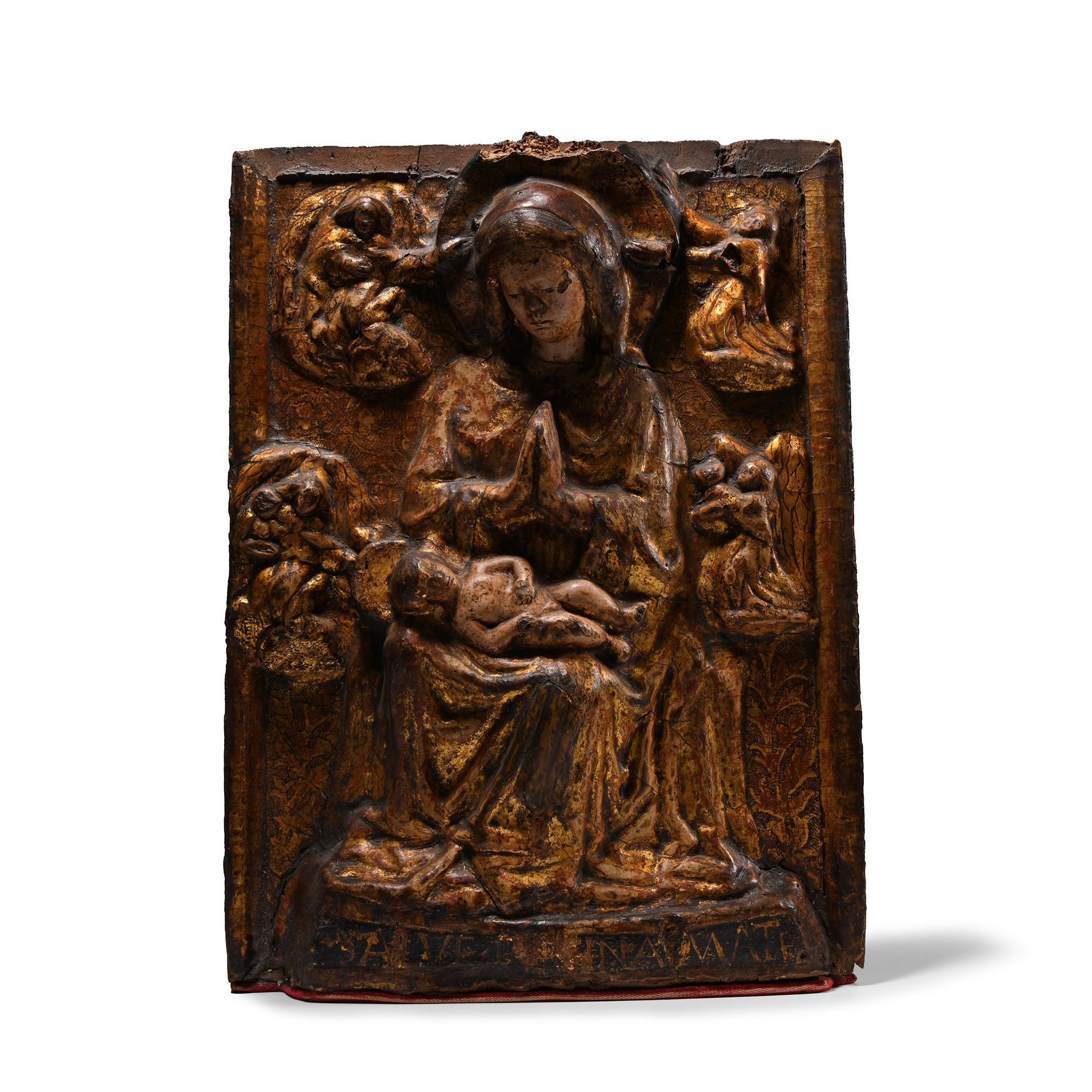 Medieval Gilt Wooden Relief with Enthroned Virgin and Child Surrounded by Angels