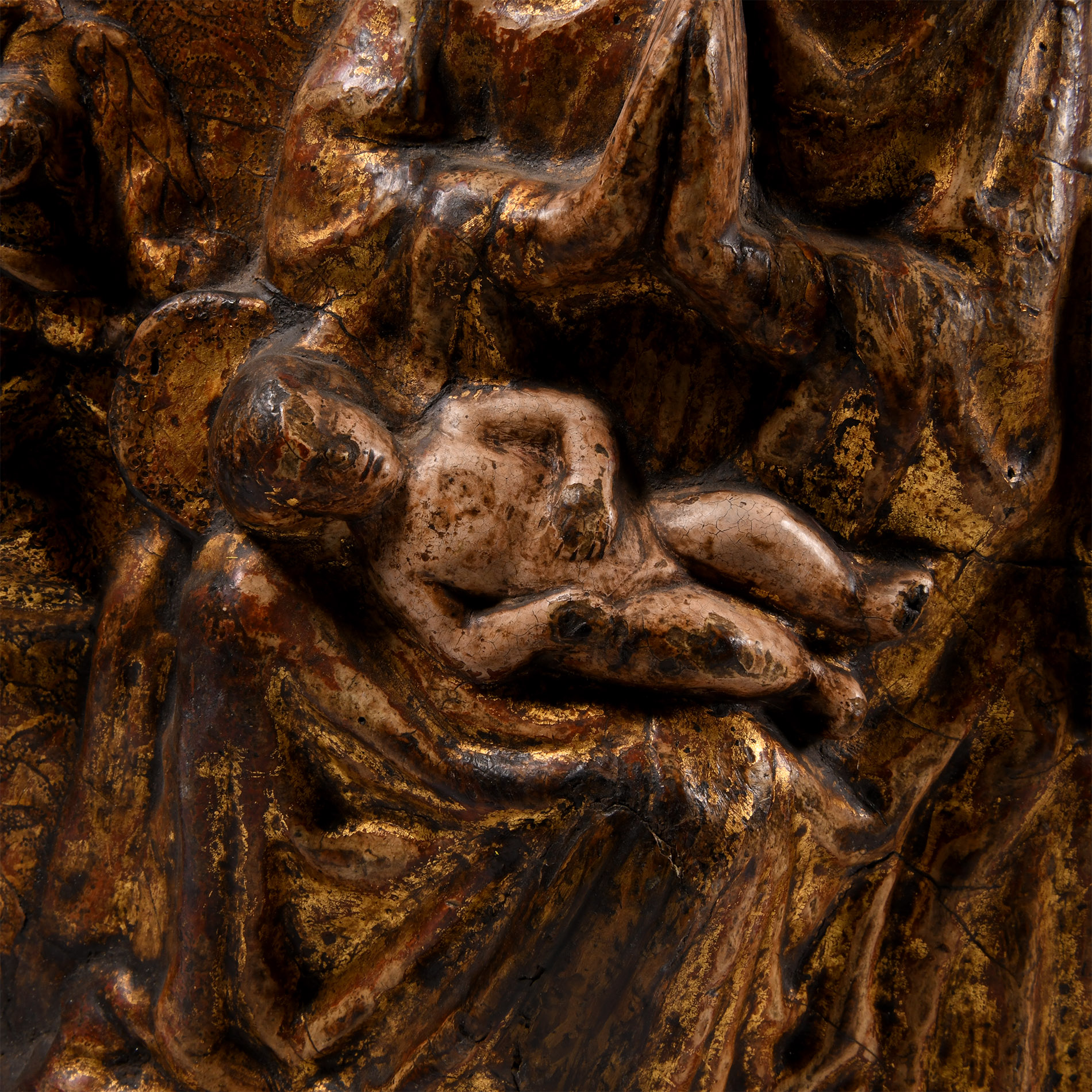 Medieval Gilt Wooden Relief with Enthroned Virgin and Child Surrounded by Angels