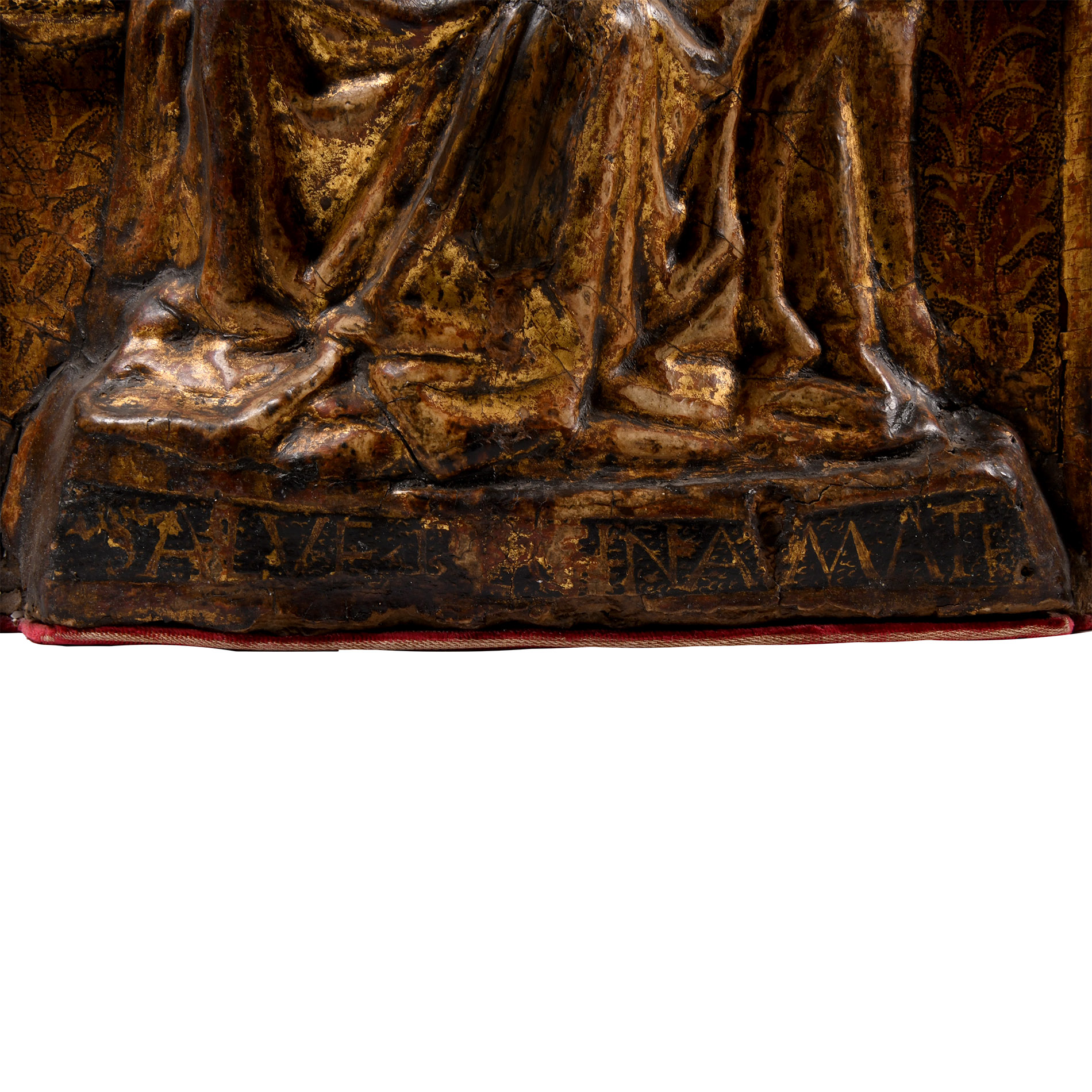 Medieval Gilt Wooden Relief with Enthroned Virgin and Child Surrounded by Angels
