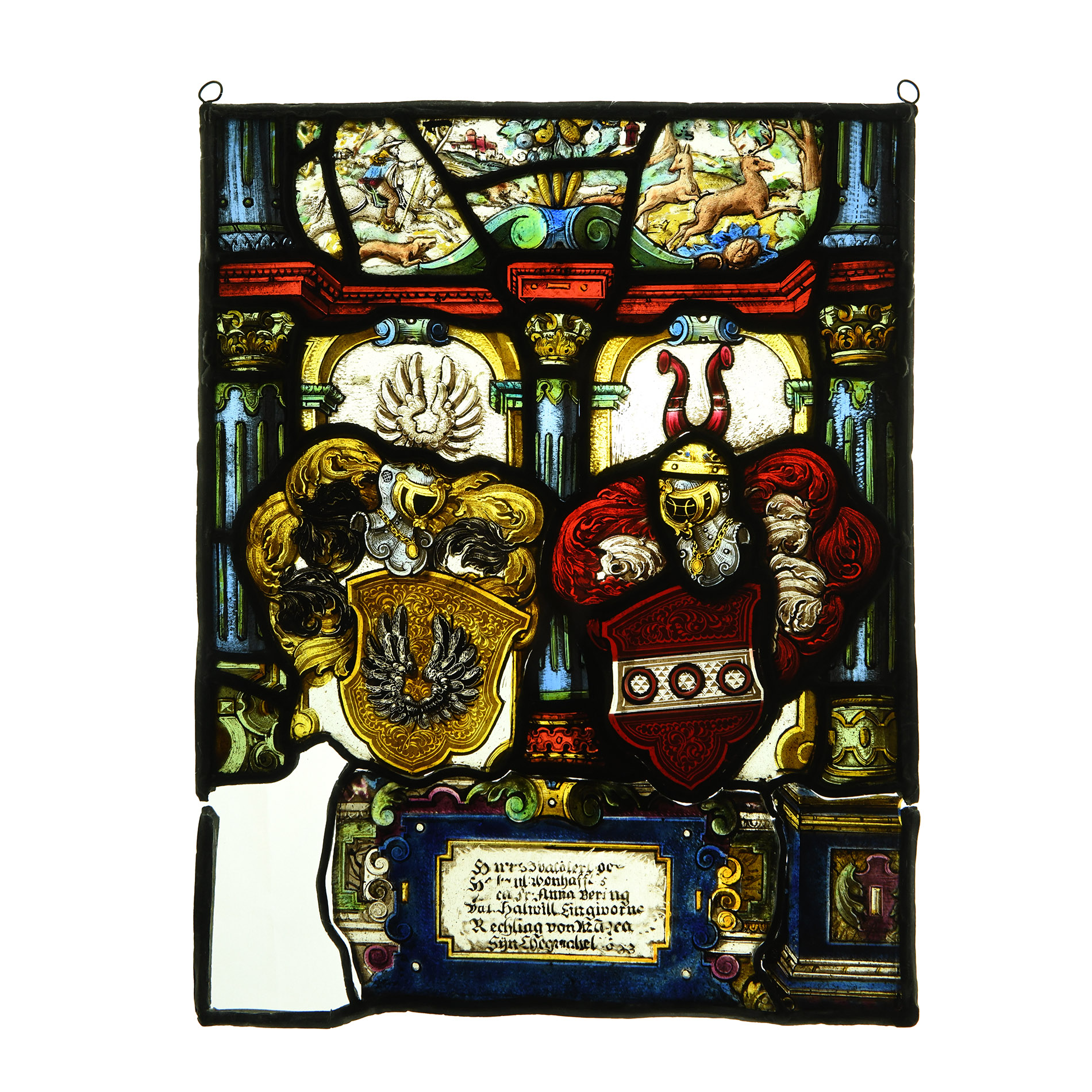 Renaissance Stained Glass Panel with Enamelled Armorial Motifs