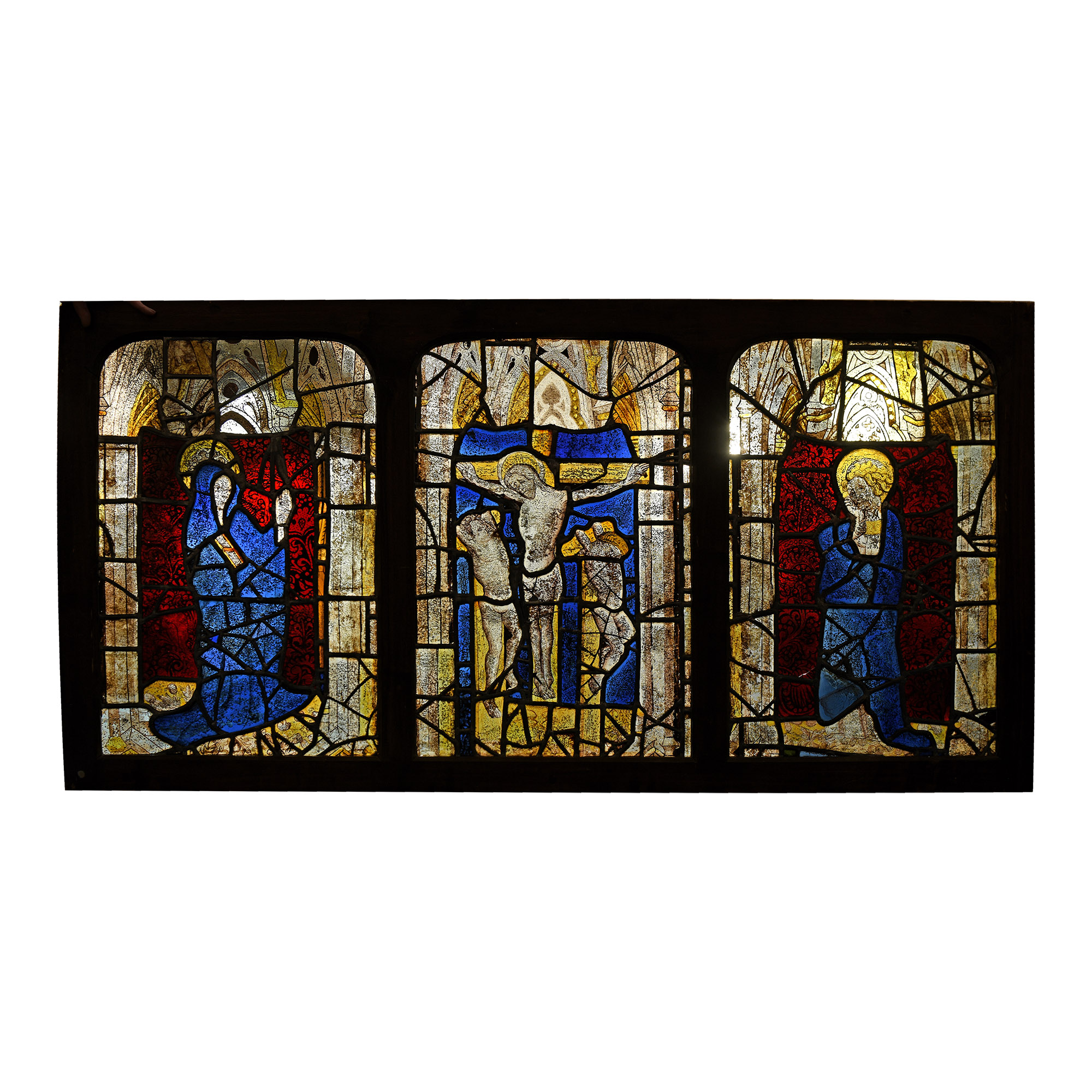 Very Large Medieval Stained Glass Crucifixion Triptych