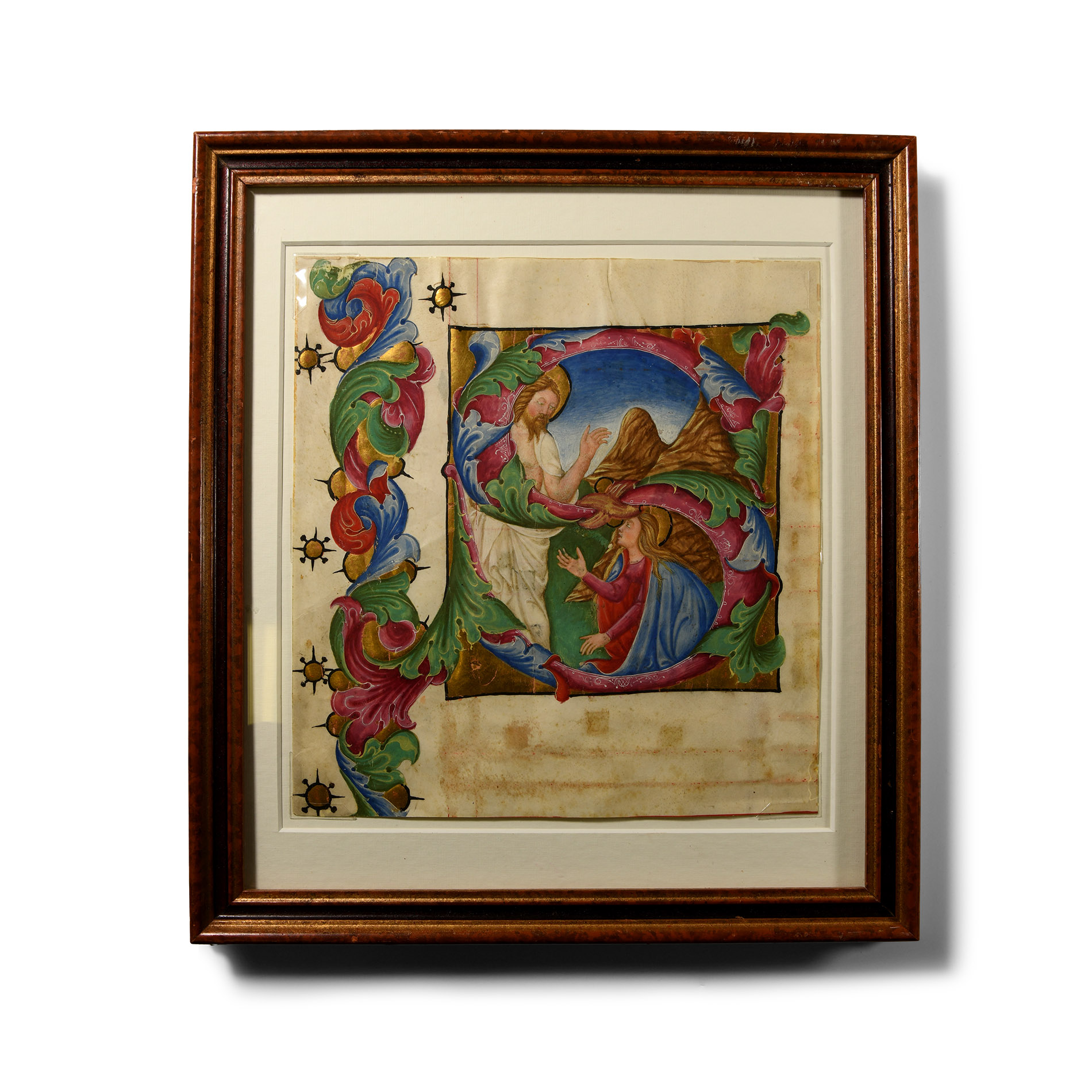 Medieval Large Miniature of Letter 'S' from a Choir Book, The Risen Christ with Mary Magdala