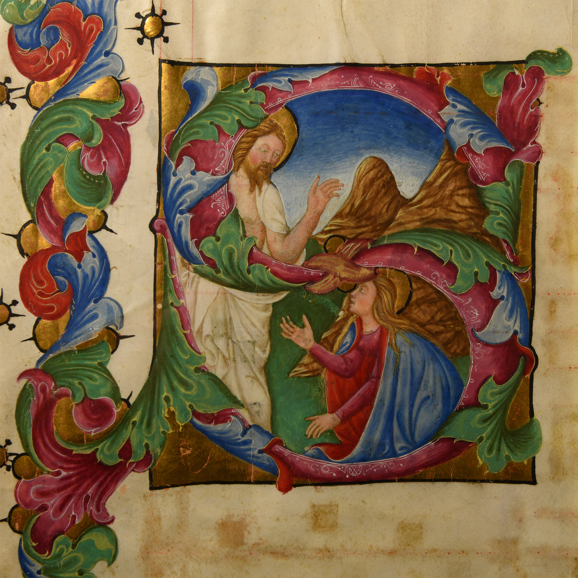Medieval Large Miniature of Letter 'S' from a Choir Book, The Risen Christ with Mary Magdala