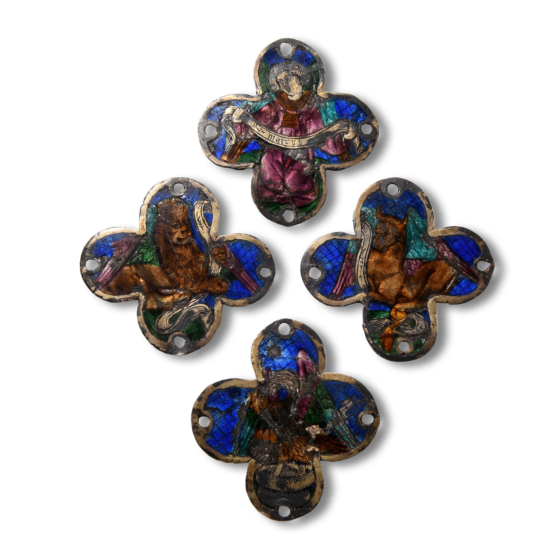 Medieval Four Basse-Taille Plaques from a Processional Cross Depicting Four Evangelists
