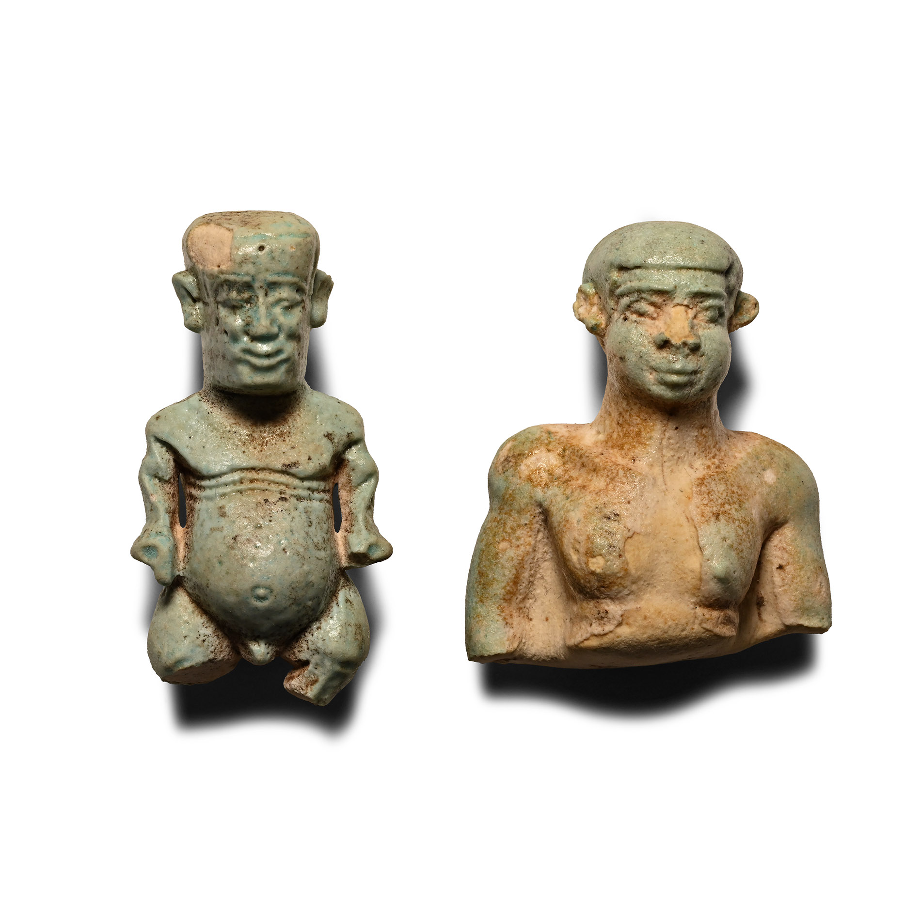 Egyptian Blue Faience Pataikos Amulet Pair