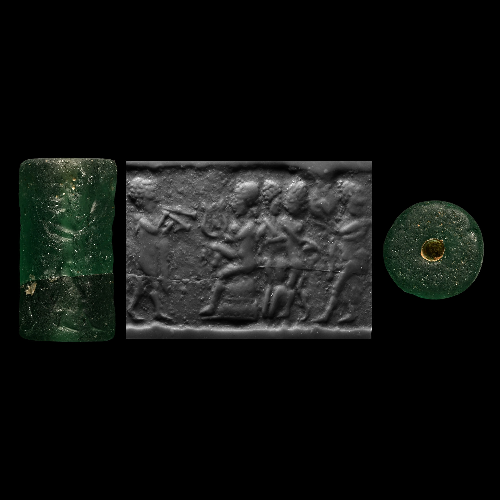 Western Asiatic Green Glass Cylinder Seal with Entertainment Scene