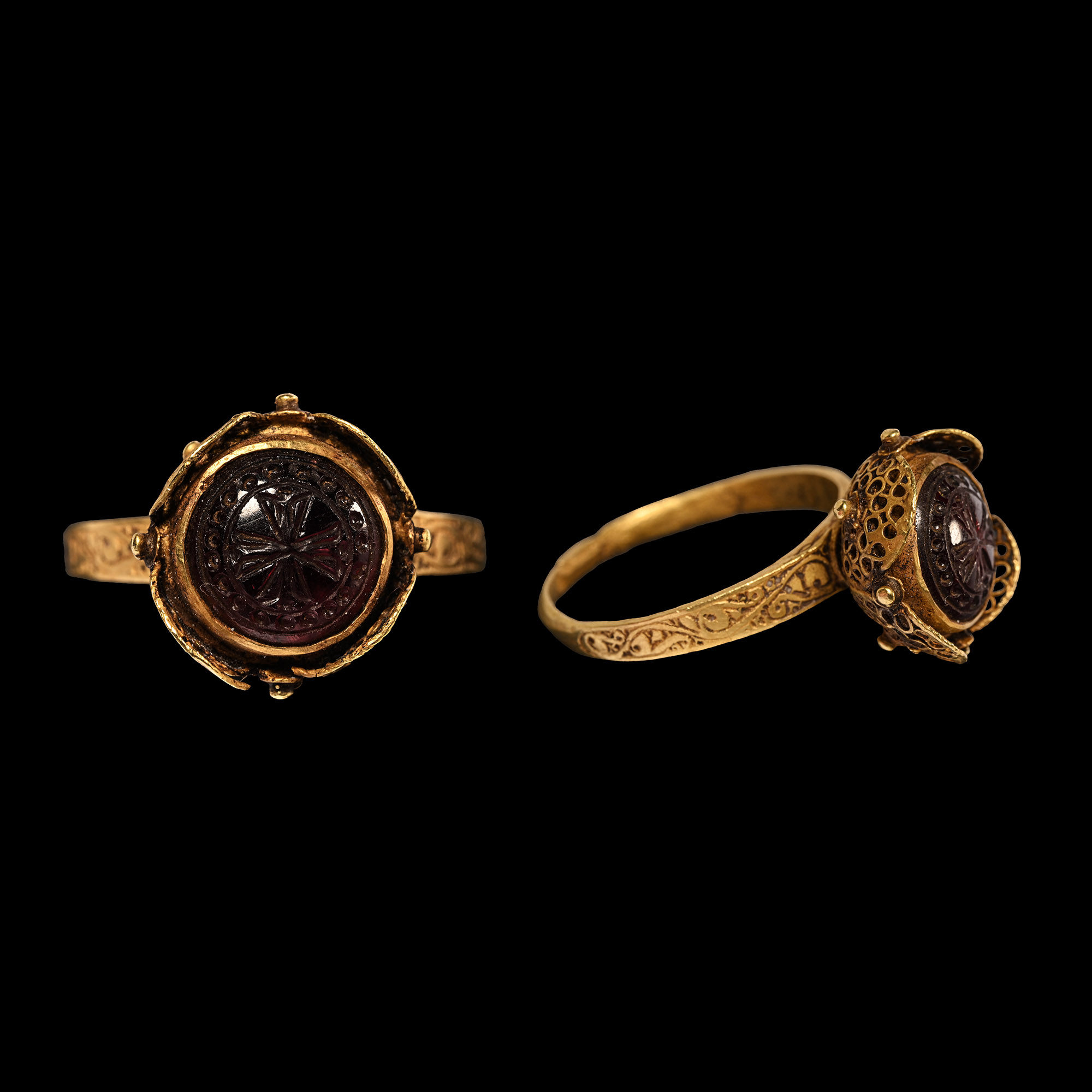 Byzantine Gold Rose Turreted Ring with Cross Gemstone