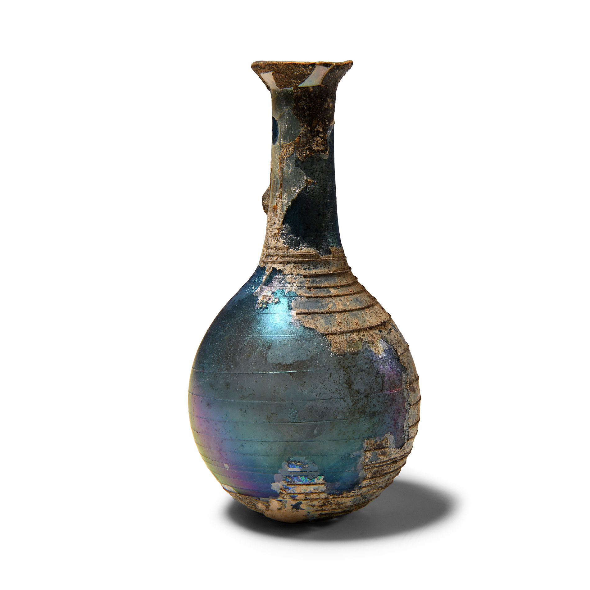 Roman Blue Glass Flask with Fine Trailing