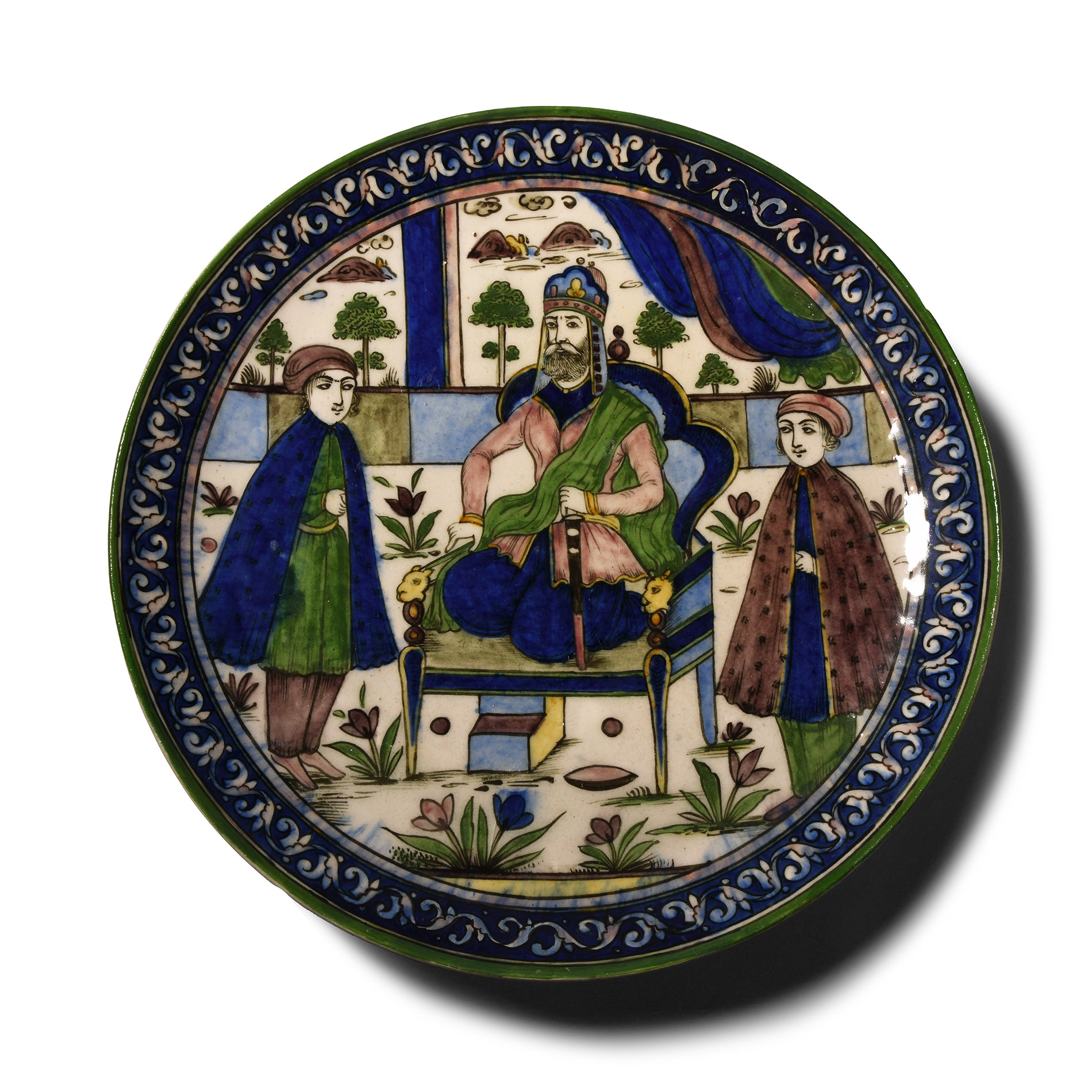 Large Iranian Ceramic Plate with Enthroned Shah
