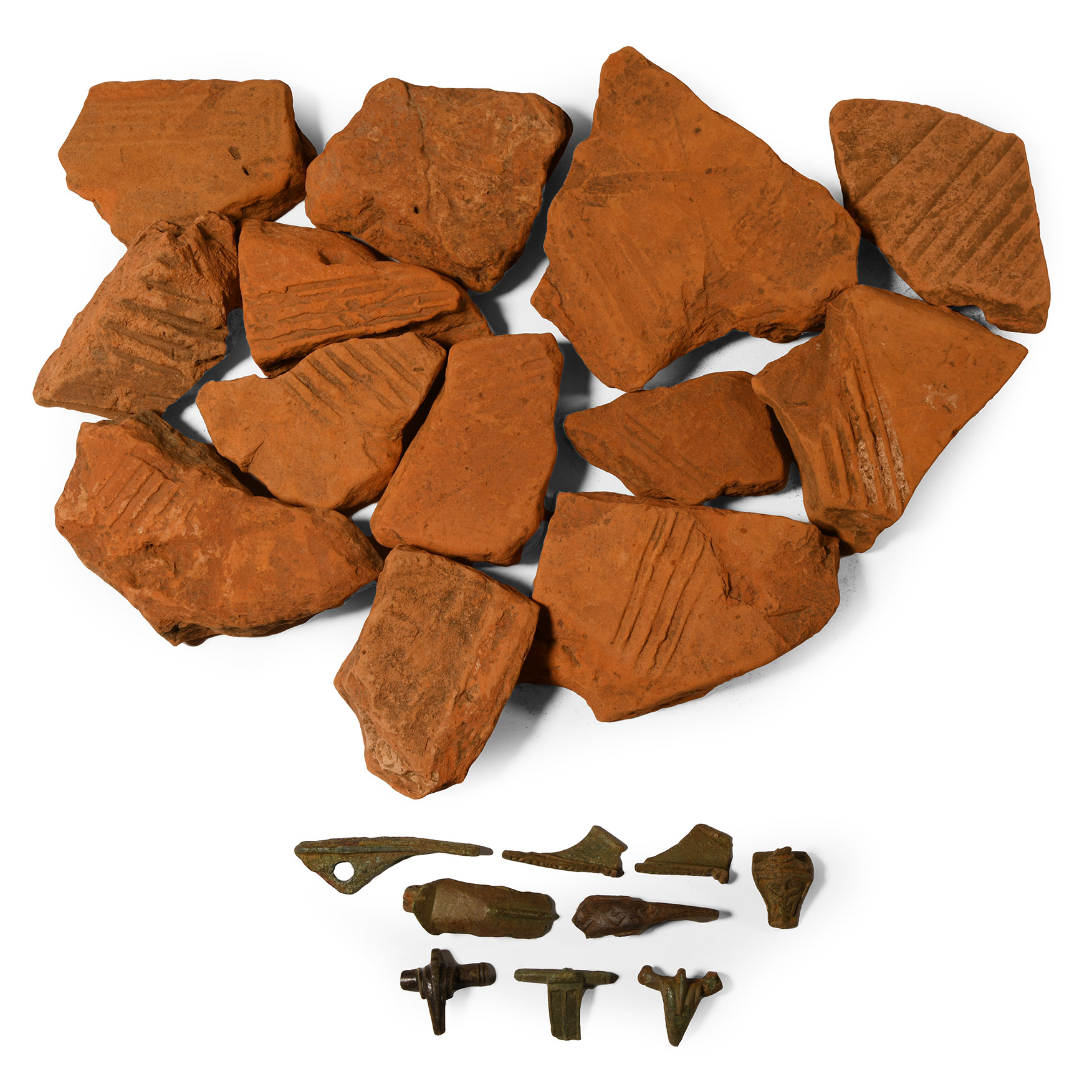 Roman Terracotta Roof Tile and Bronze Brooch Fragment Group