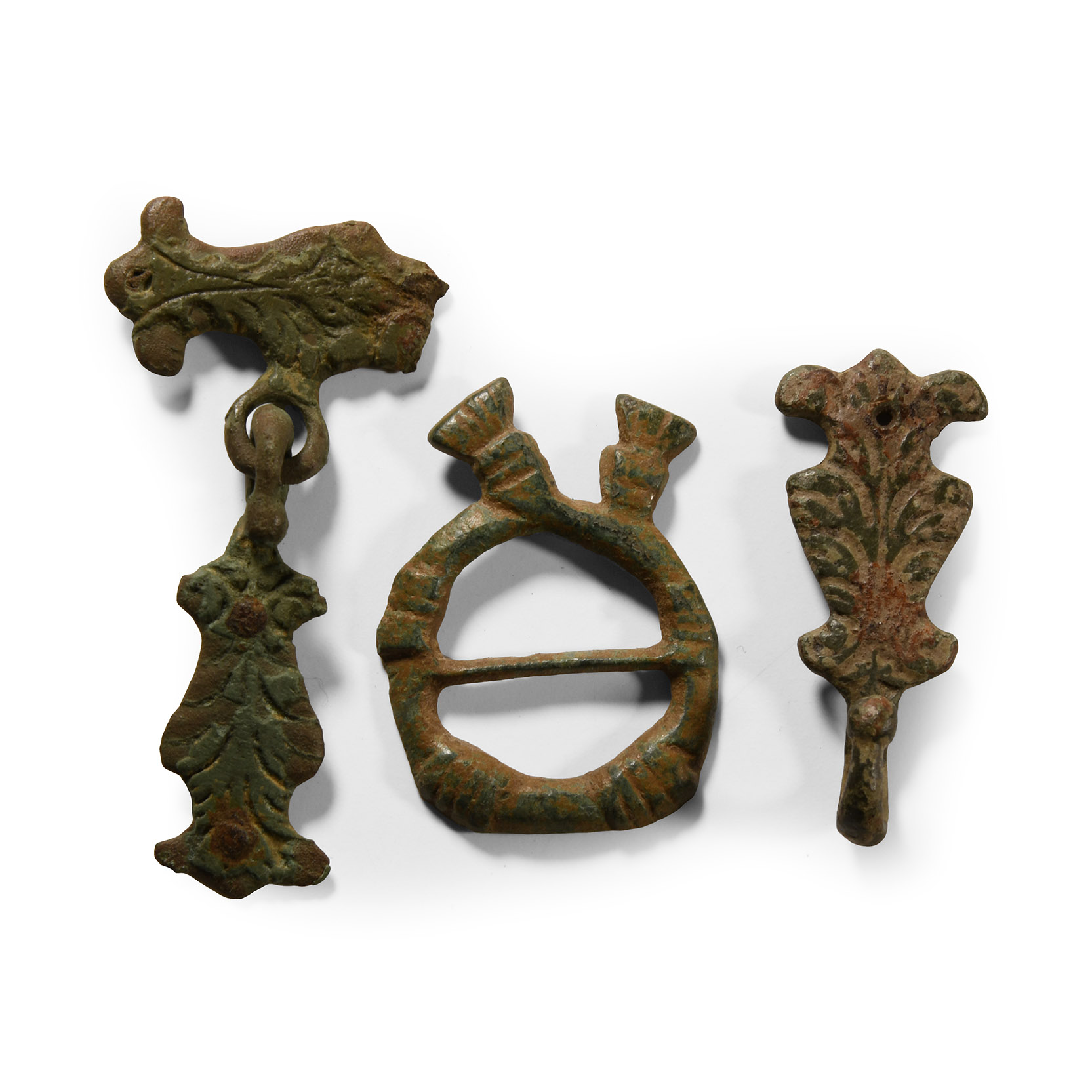Medieval Bronze Annular Buckle and Sword Belt Hanger Group