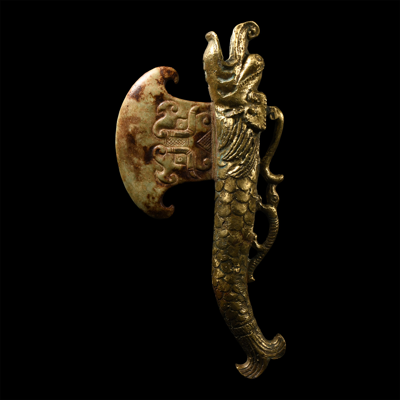 Chinese Serpentine and Gilt Bronze Ceremonial Axe