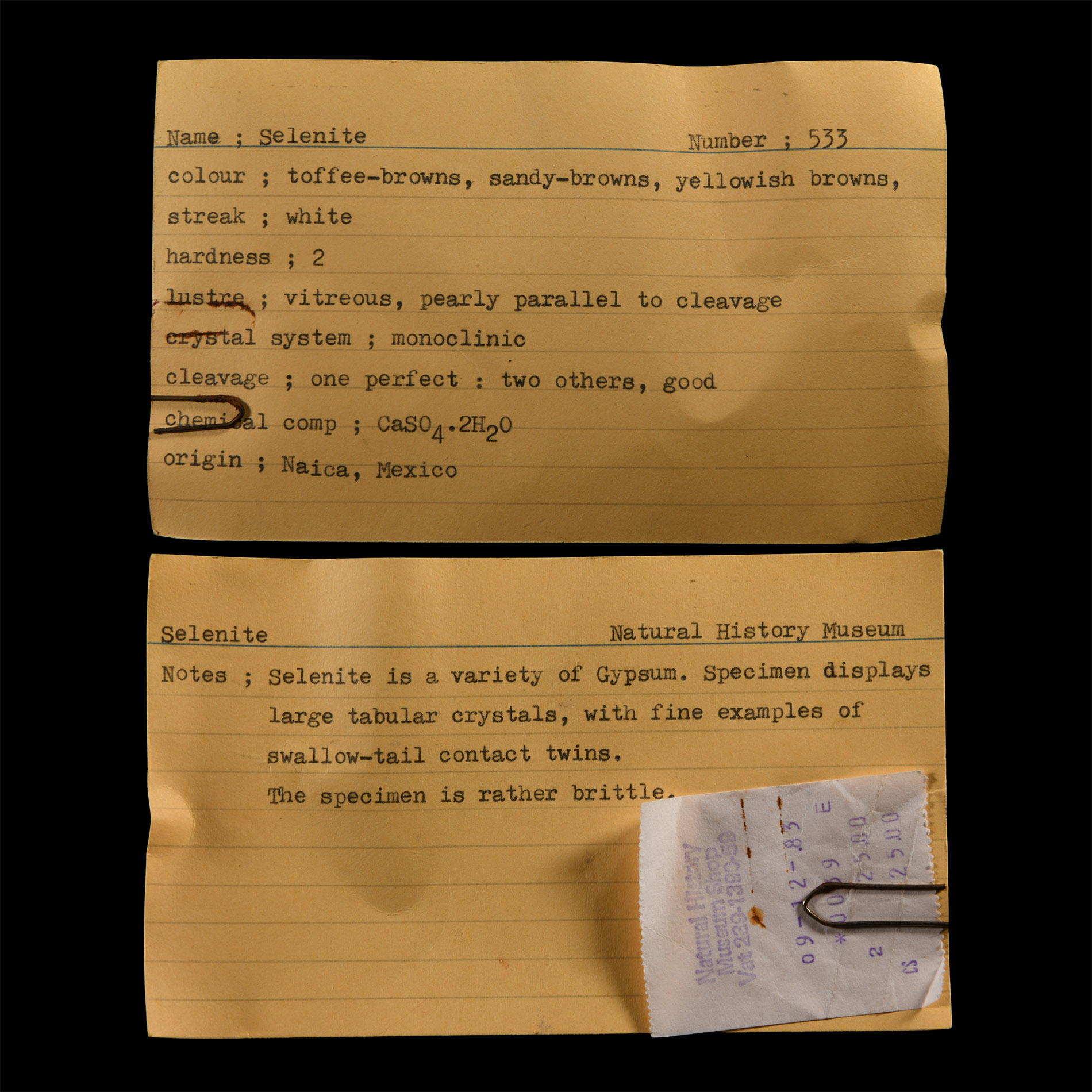 Natural History - Historic 'Naca, Mexico' Selenite Crystal Specimen