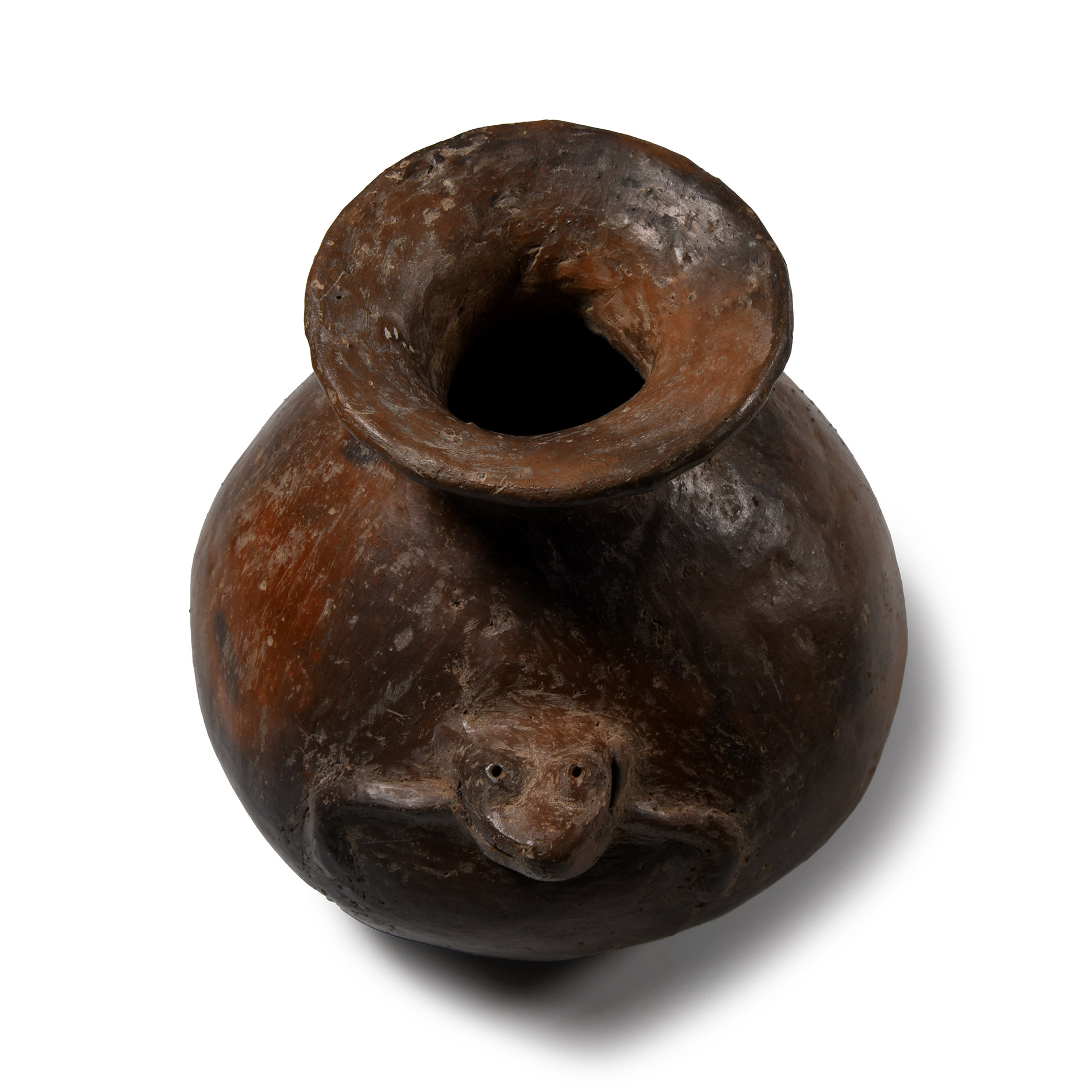 Pre-Columbian Peruvian Burnished Black Pot with Frogs