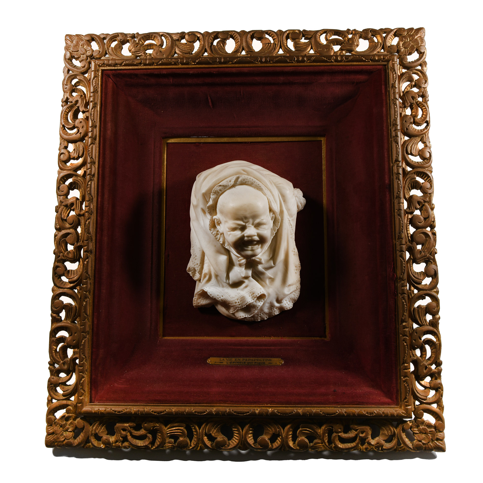 Framed Marble Bust of a Crying Baby