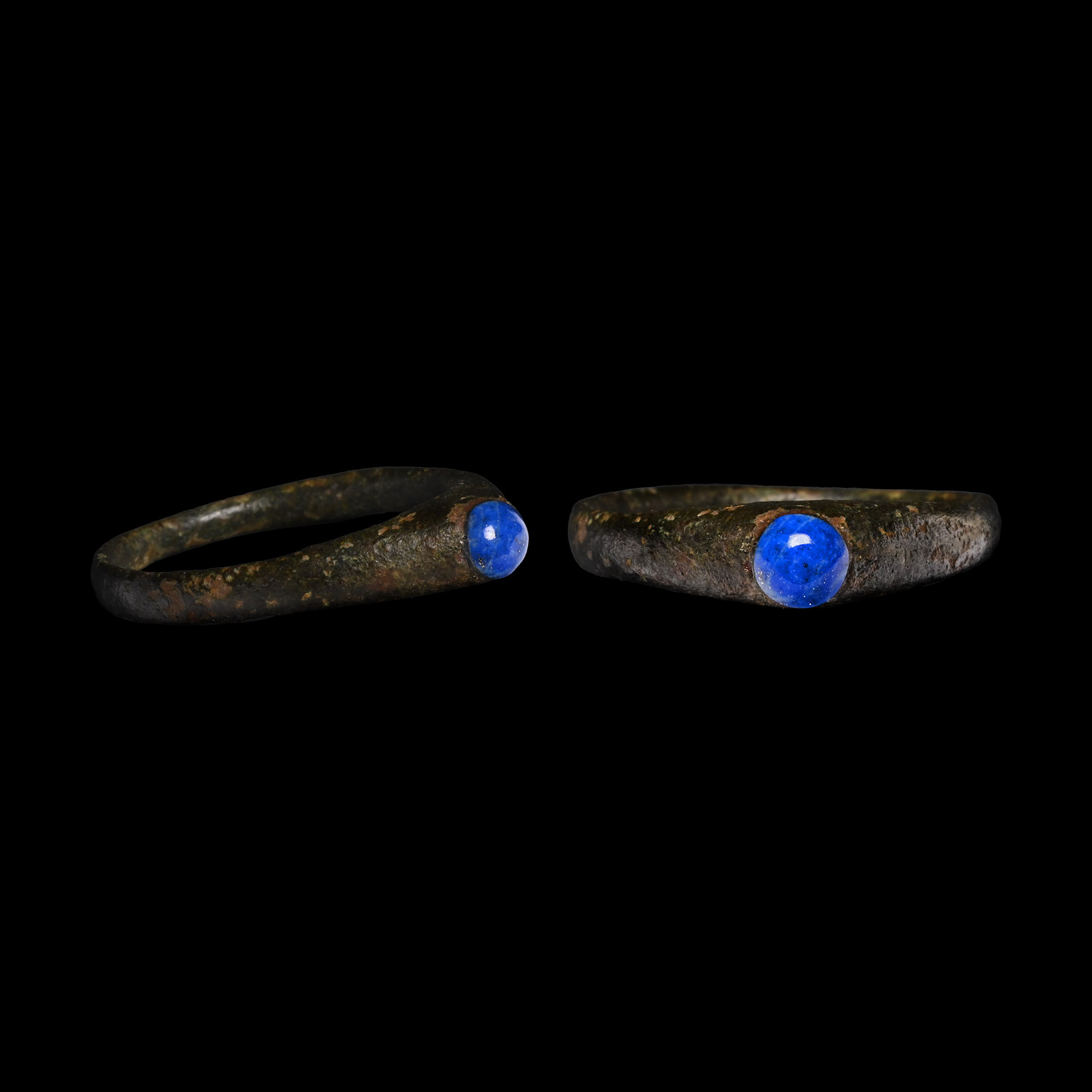 Medieval 'Published' Bronze Stirrup Ring with Lapis Gemstone
