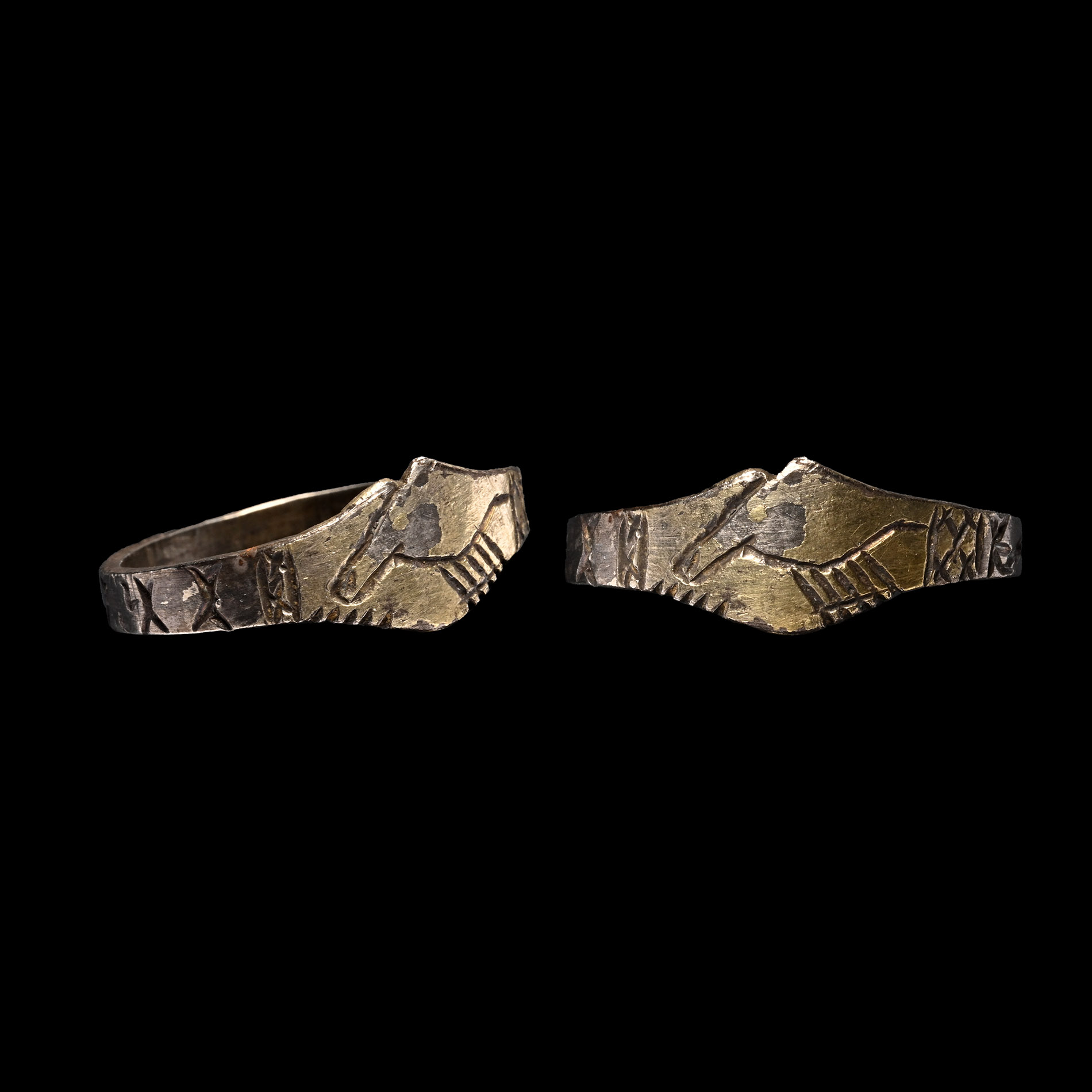 Large Medieval Silver Gilt Fede Ring with Magical Symbols