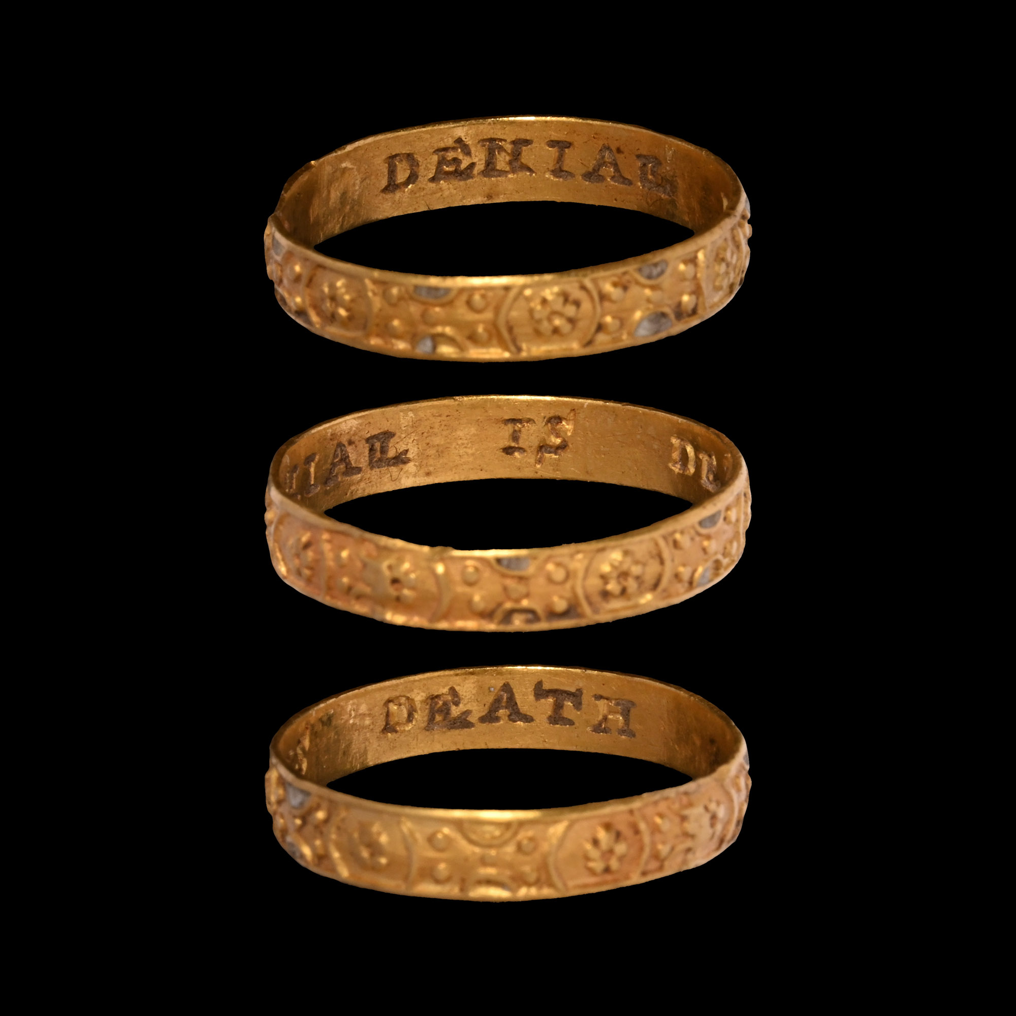 Tudor Period Gold 'DENIAL IS DEATH' Decorated Posy Ring